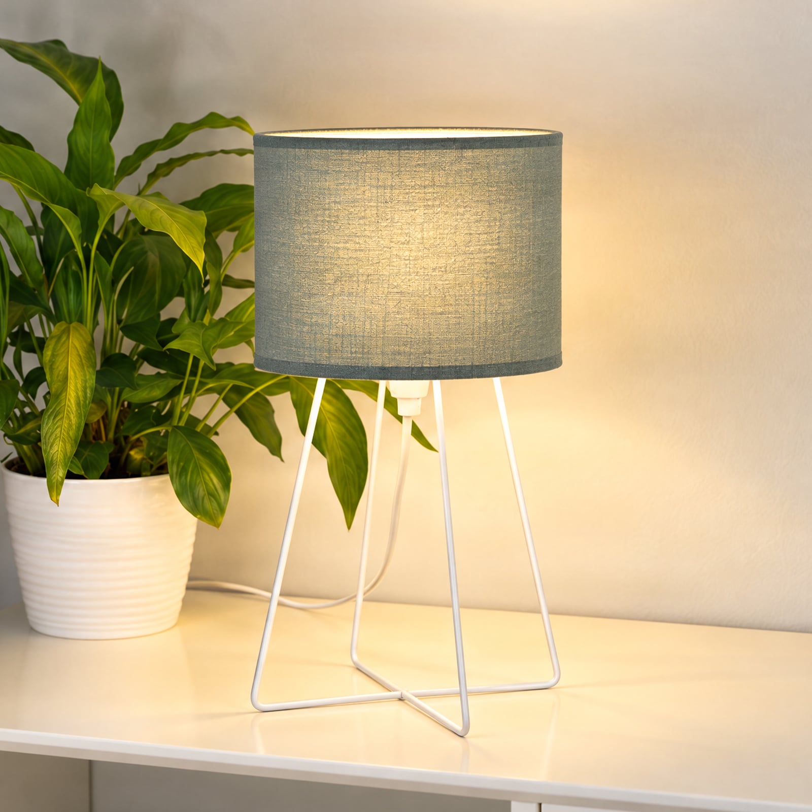Lampe à poser Trixi, métal, tissu, vert sauge, blanc