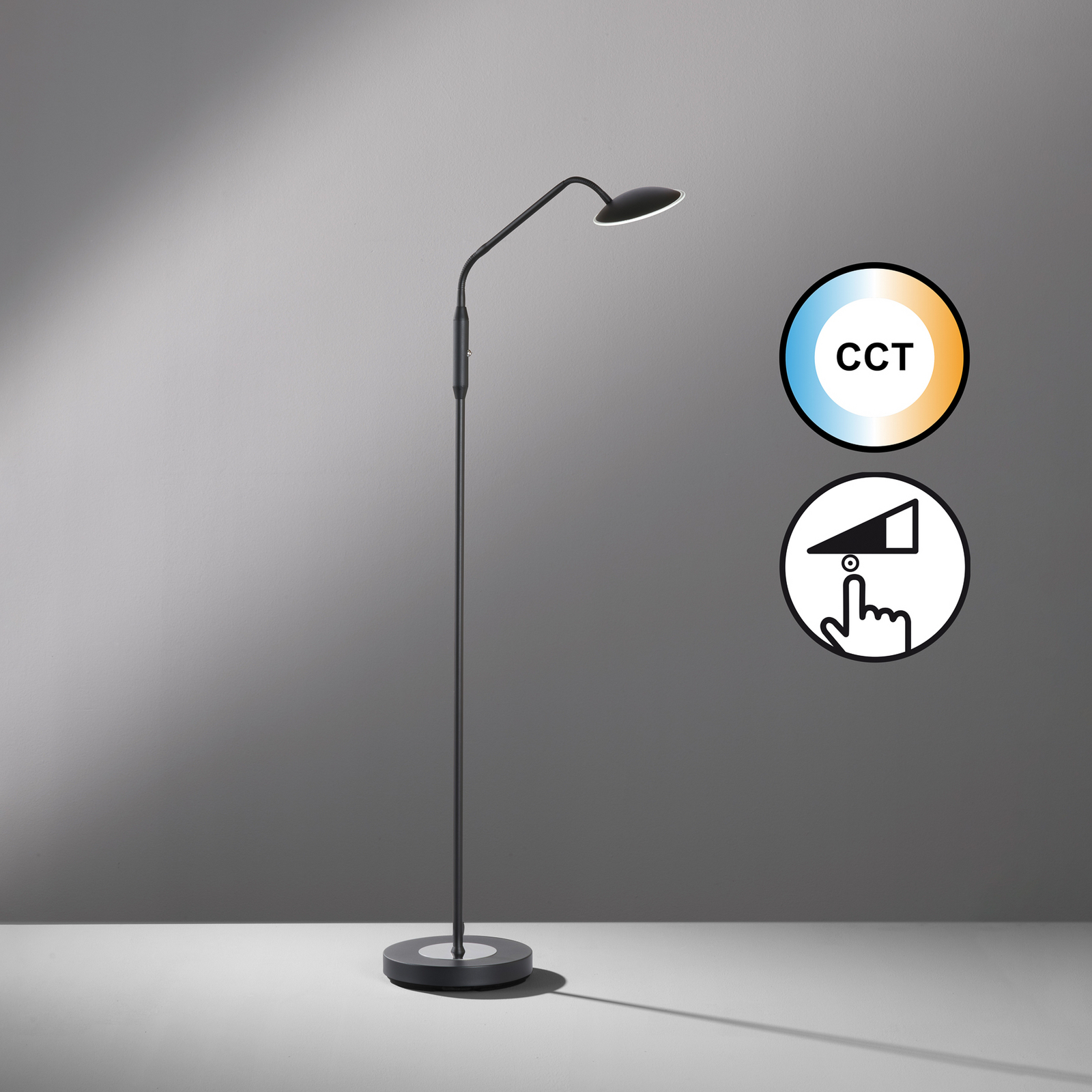 Tallri LED floor lamp, black, height 135 cm, CCT, touch dimmer