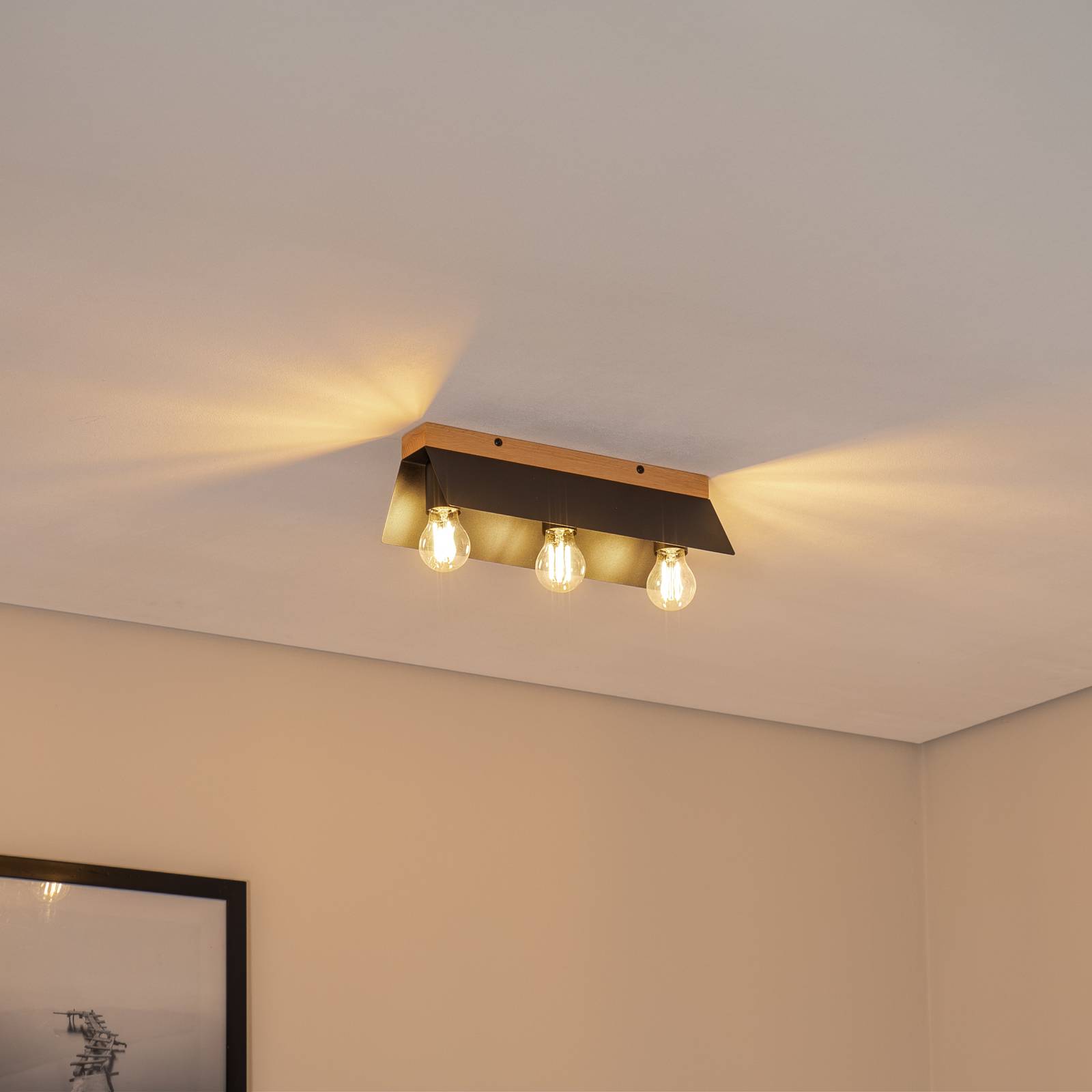 Deckenlampe Esme, schwarz, Länge 40 cm, Metall/Holz, 3-flg. günstig online kaufen