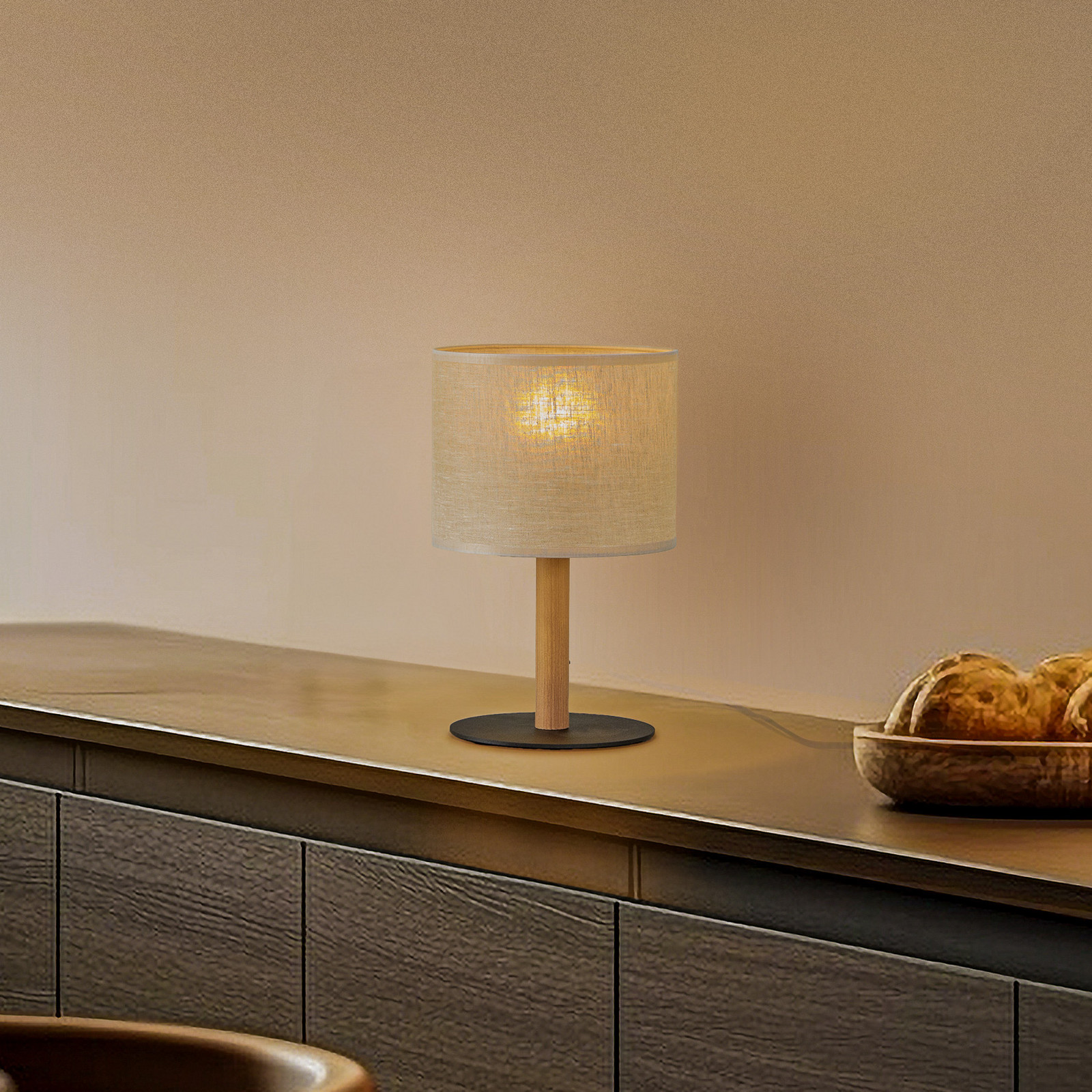 TK Lighting Lampa de masă Deva Nature textil lemn - Camera de zi / sufragerie - Scandinavă - bej lemn deschis negru
