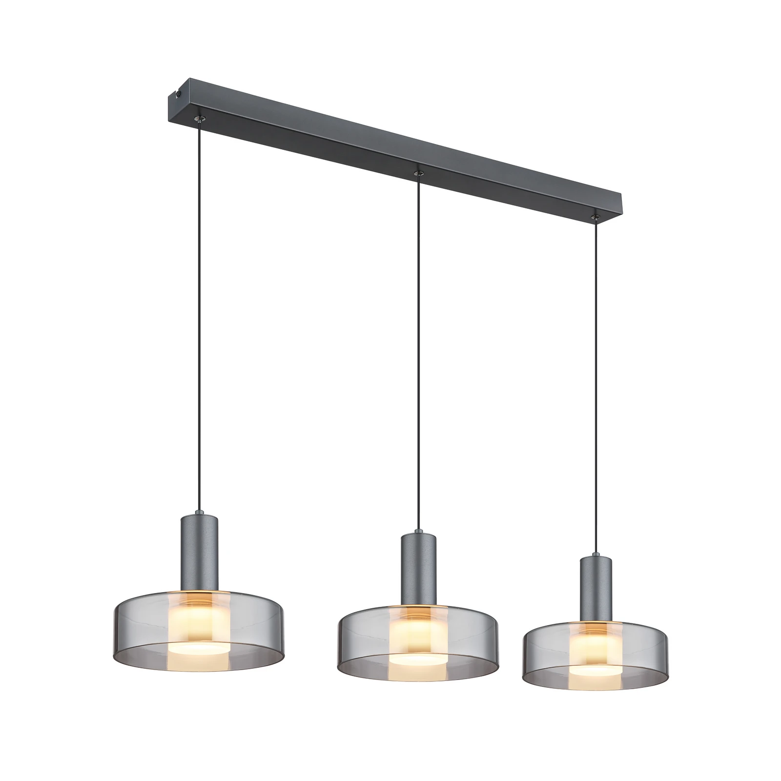 Grant LED-hänglampa, längd 90 cm, rökgrå, 3 lampor, glas