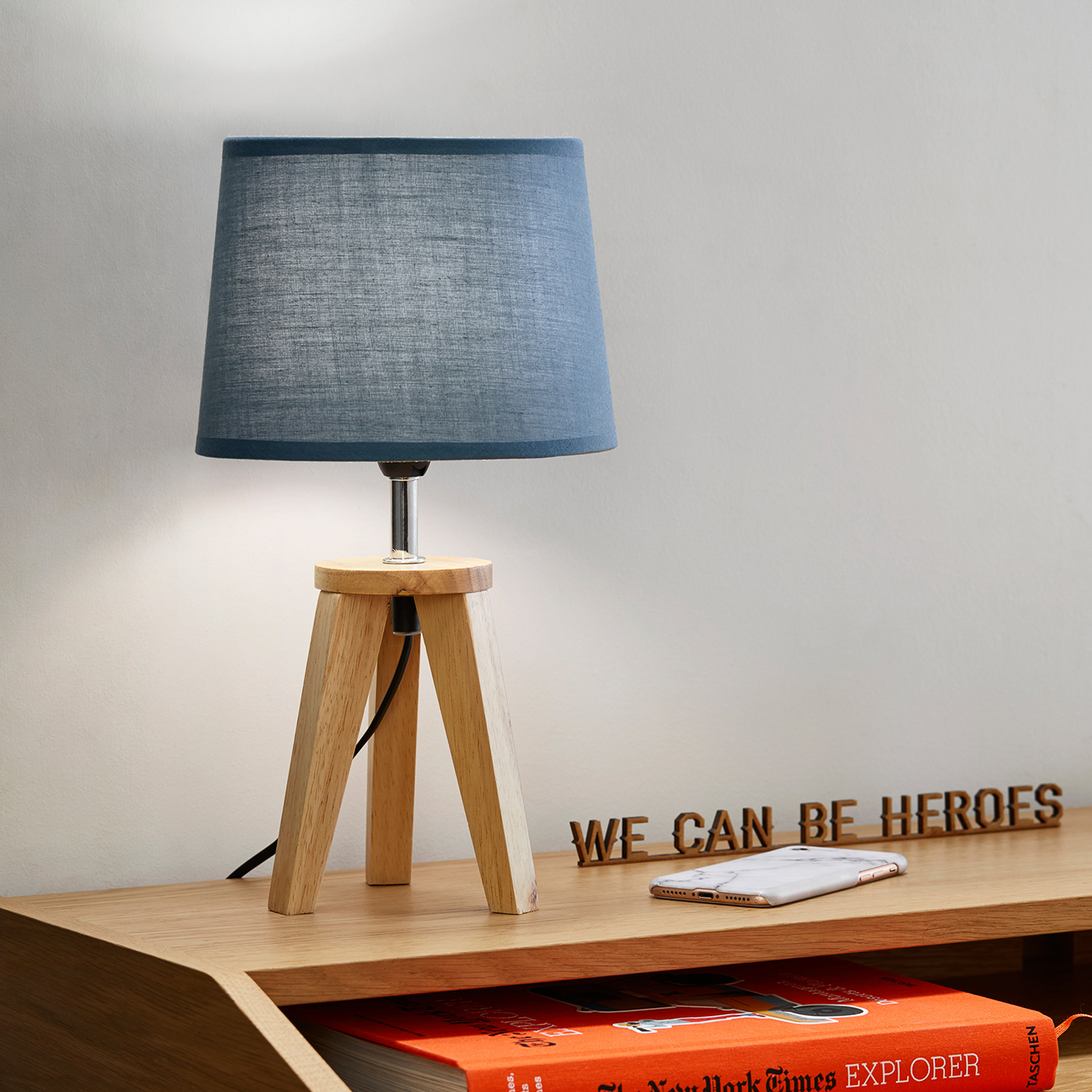 Tischleuchte Yoga, petrol/holz hell, 34 cm, Baumwolle/Holz
