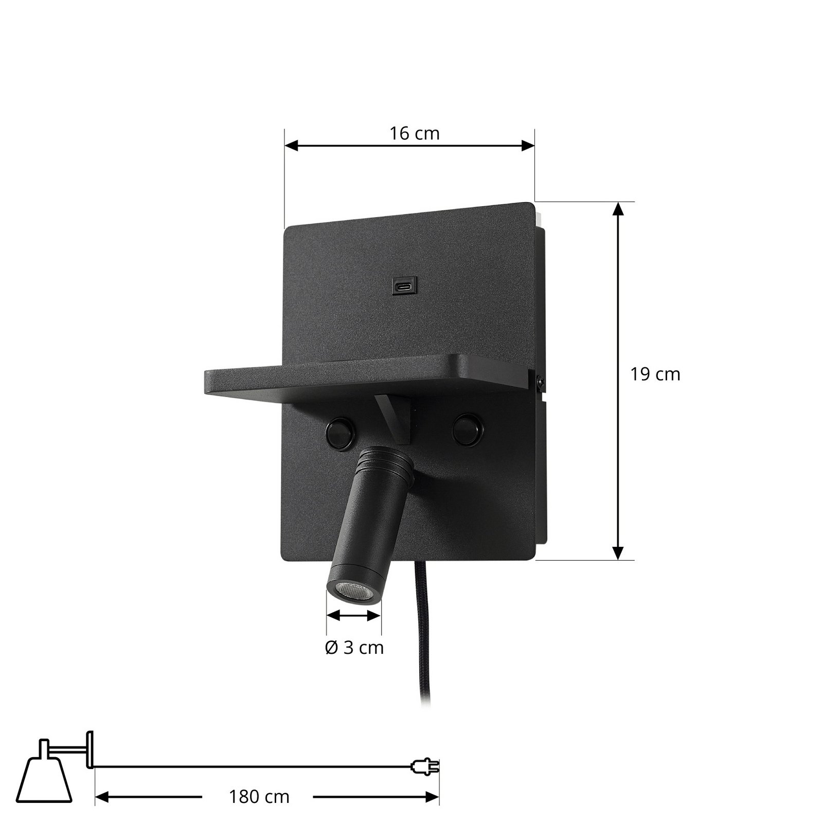 Auden LED-væglampe, sort, stik, ladestation - Lindby