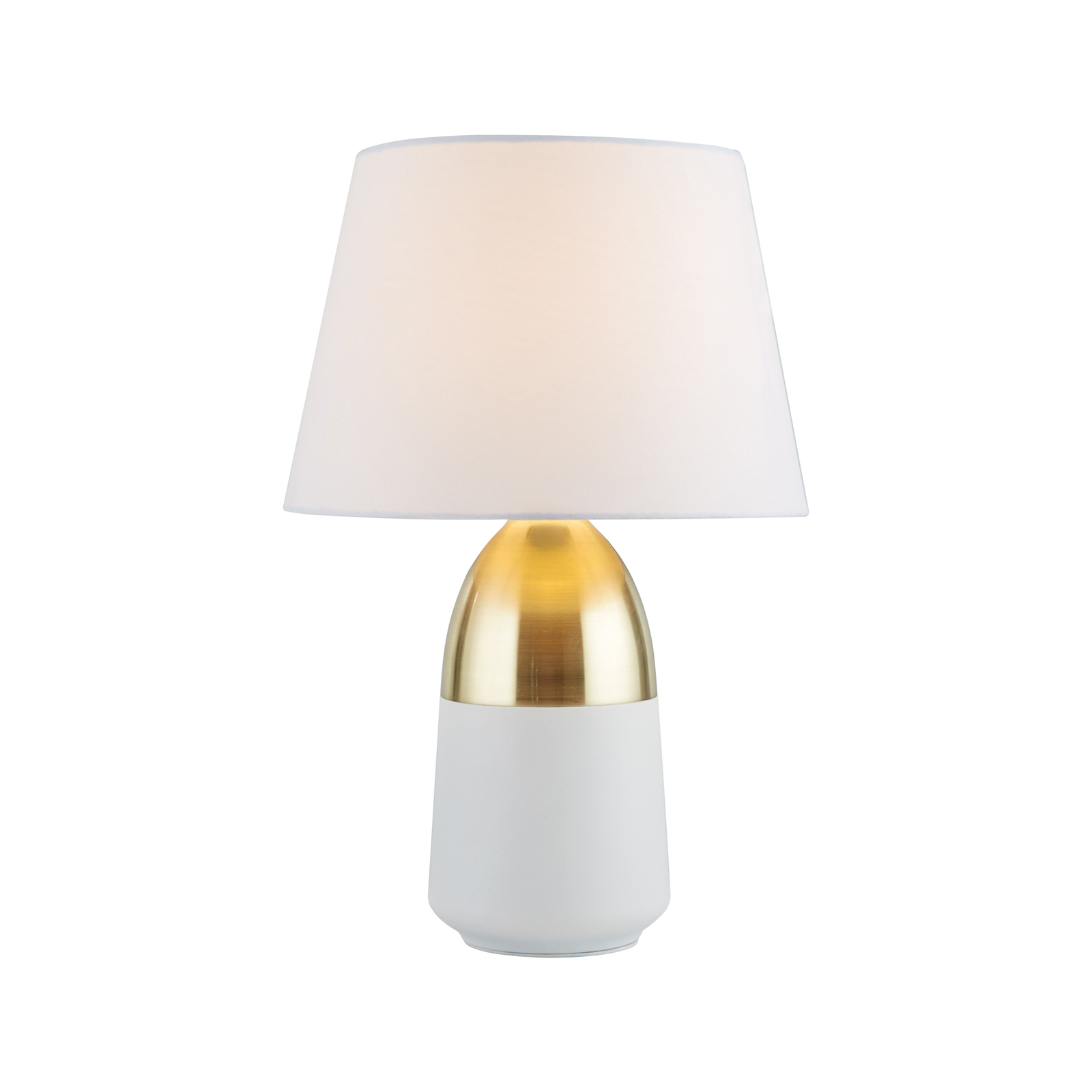 Touch table lamp, brass/white, textile, touch dimmer, 28 cm