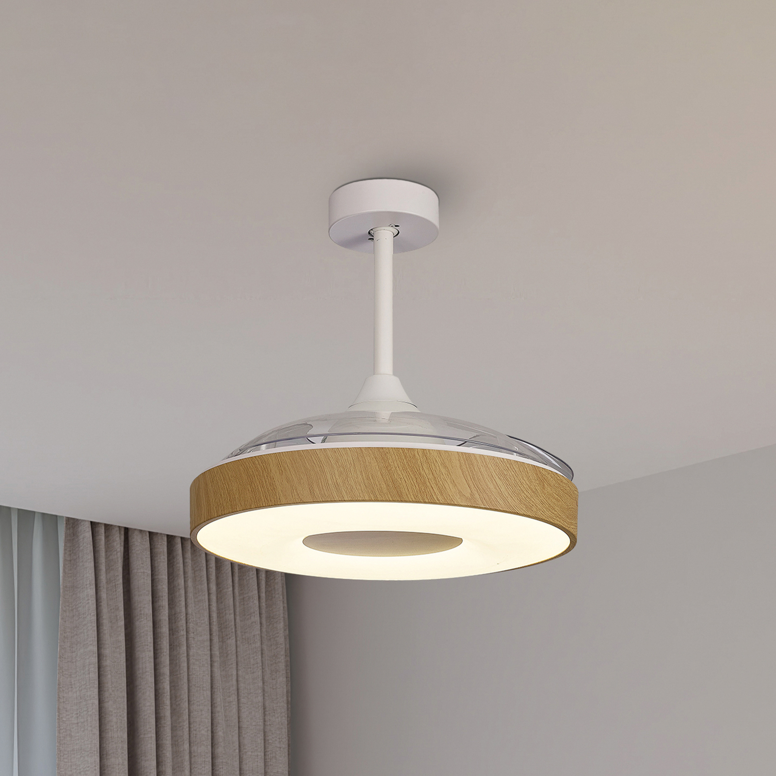 Ventilateur de plafond LED Coin Mini bois DC silencieux Ø 91 cm CCT