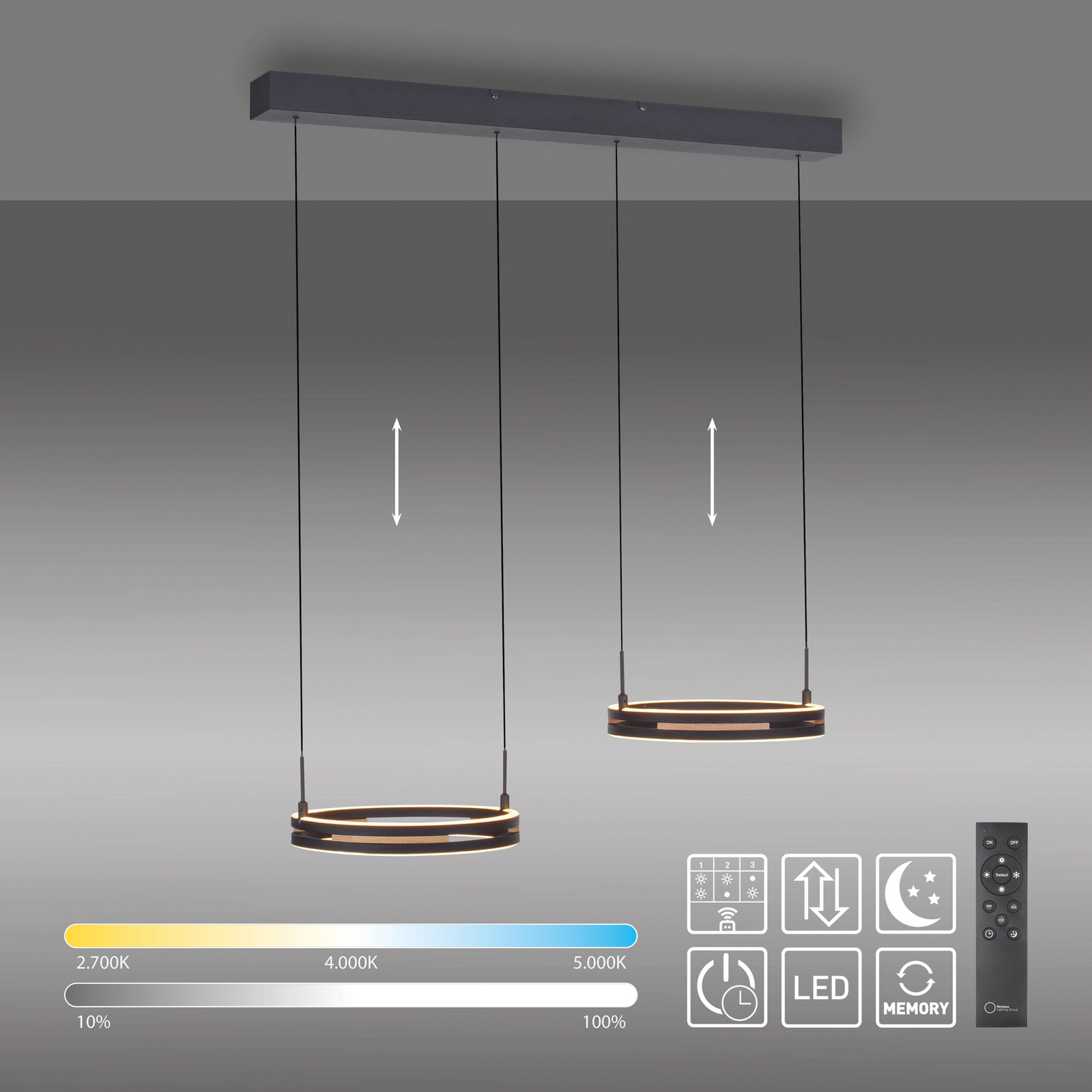Sveja LED függő lámpa, hossza 85 cm, fekete/fa színű, CCT Sveja LED függő lámpa, hossza 85 cm, fekete/fa színű, CCT