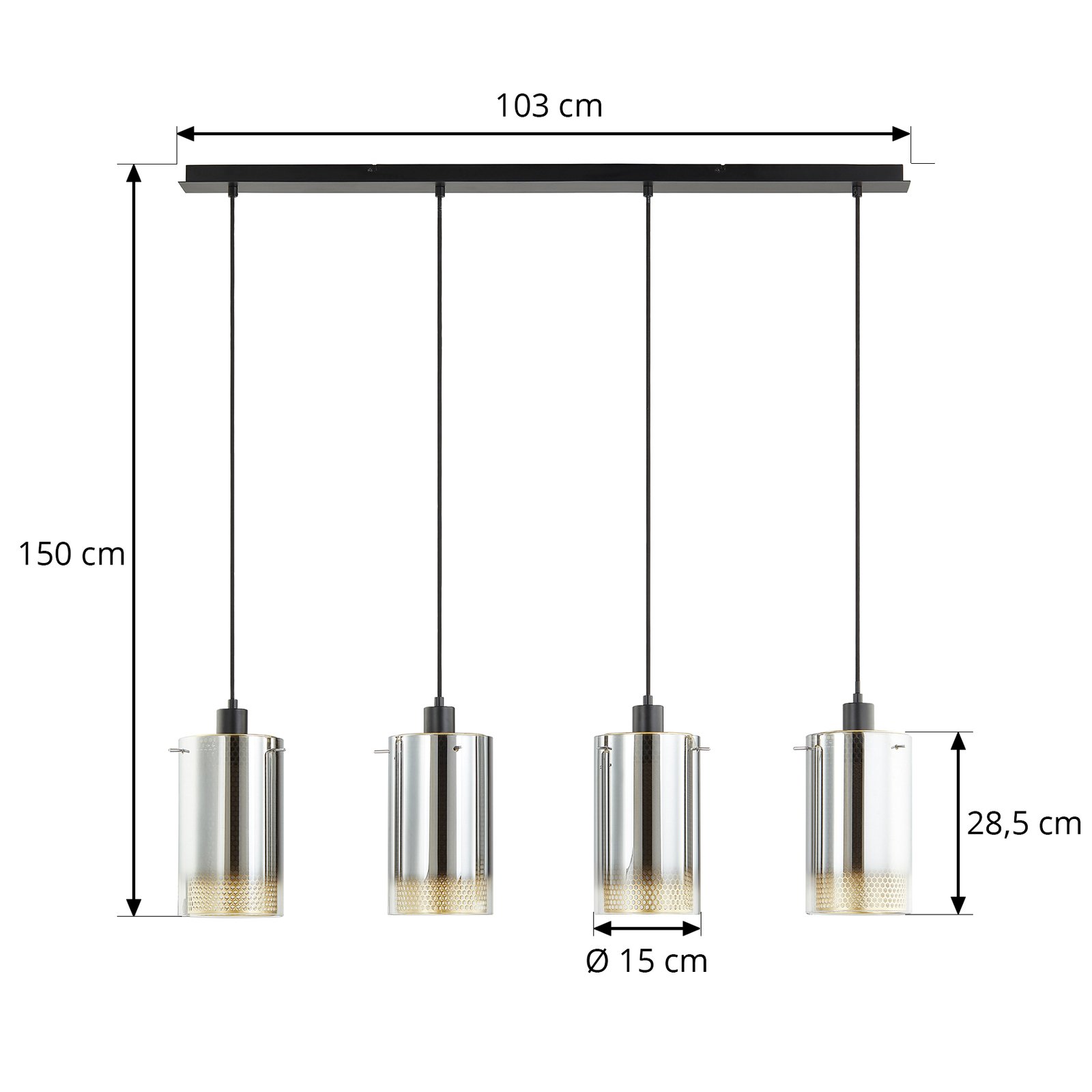 Lucande hanglamp Sterzy, 105 cm lang, grijs, glas, 4-lamps.