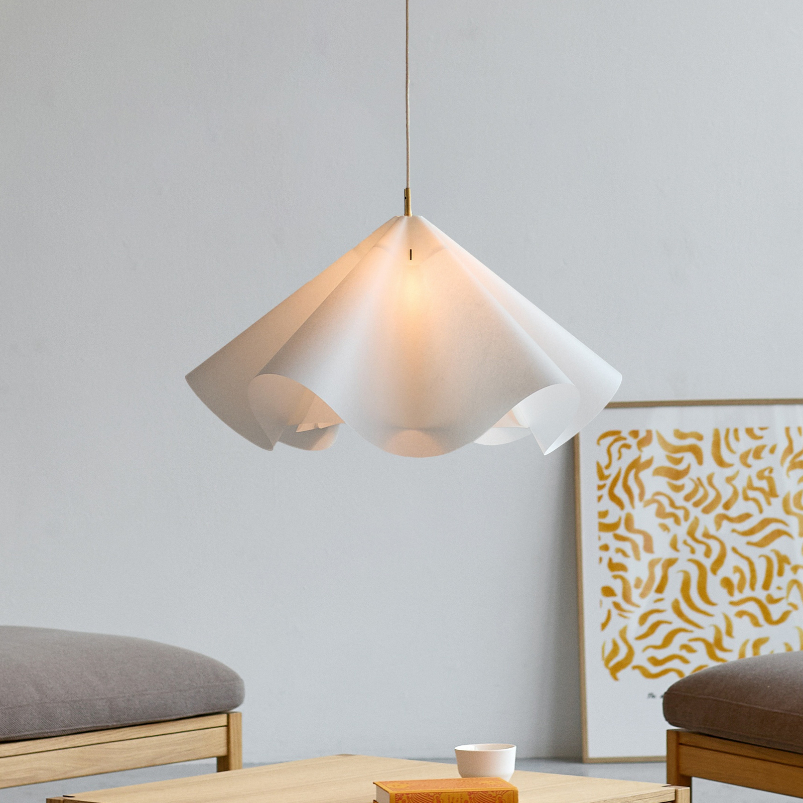 Sinuate lógó lámpa, sárgaréz/fehér, Ø75 cm, E27, papír – Moebe Sinuate lógó lámpa, sárgaréz/fehér, Ø75 cm, E27, papír – Moebe