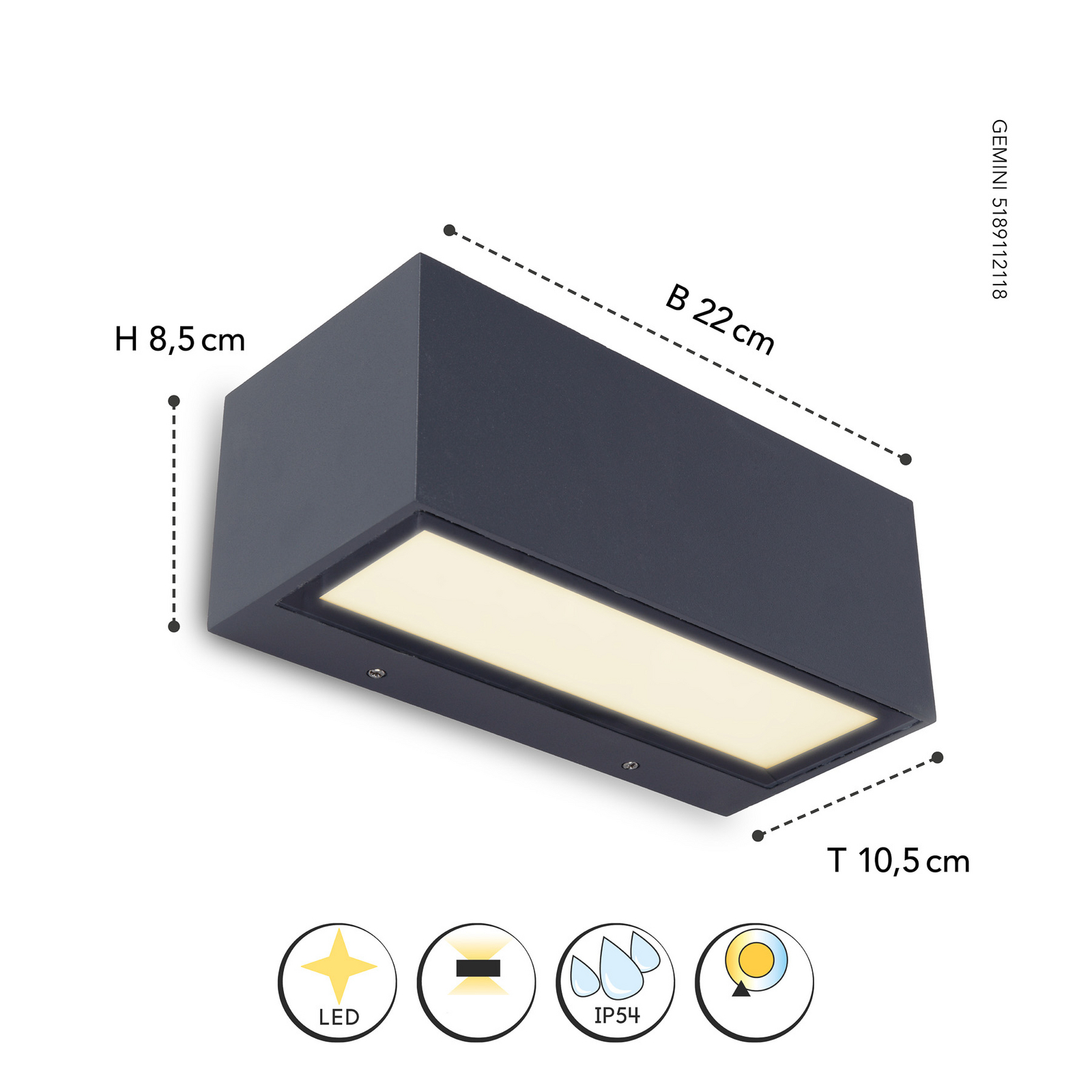 Aplique LED exterior Gemini 22cm 3.000K antracita