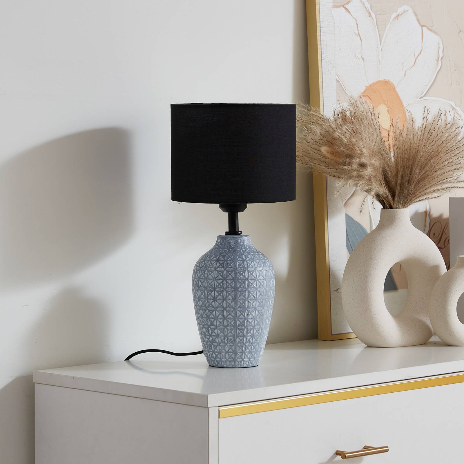 Zdjęcia - Lampa stołowa Lindby   Thalassia, szary/czarny, Ø 20 cm, ceramiczna 