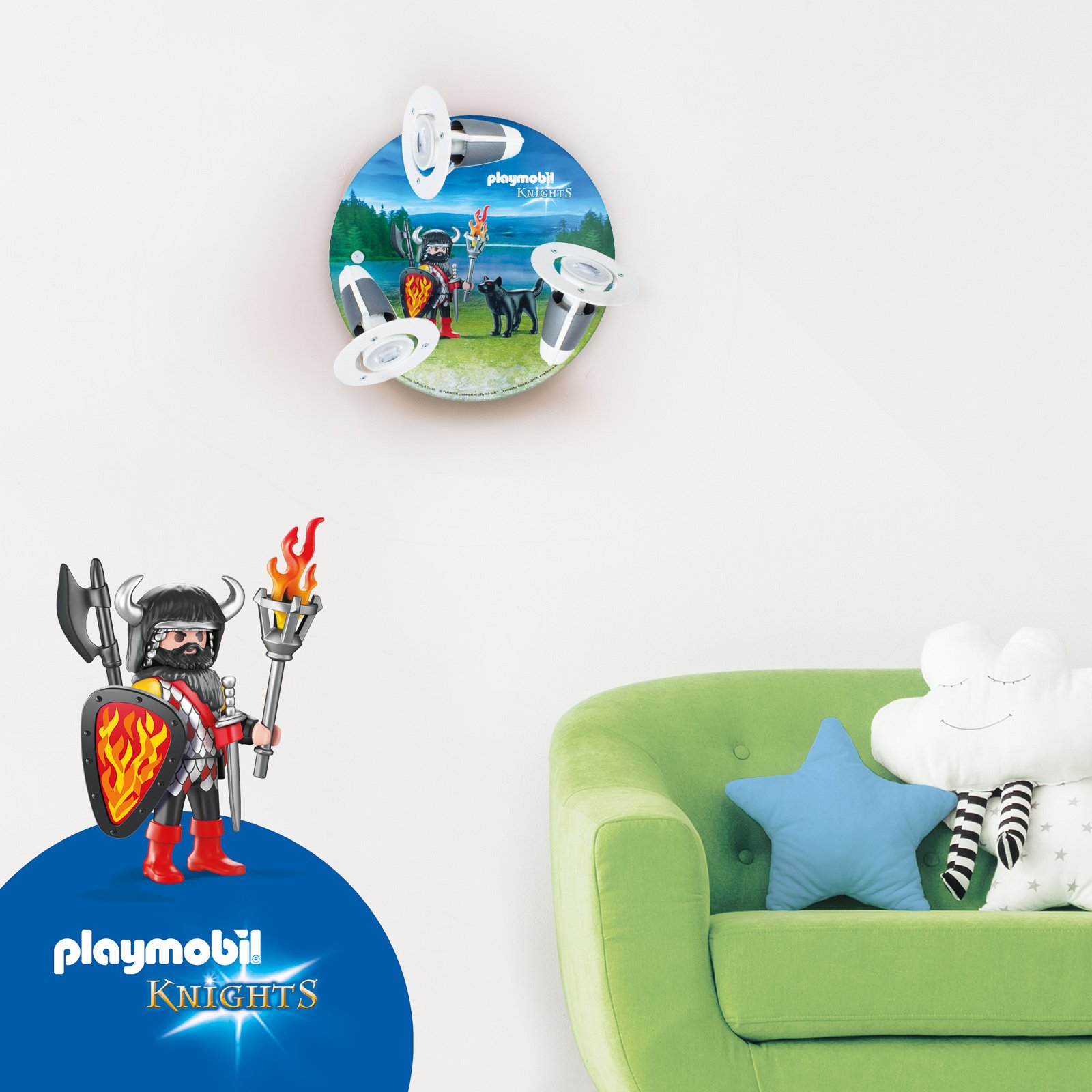 Elobra PLAYMOBIL Knights ceiling light, 3 spots, for Children's Room, wood, GU10, 6 W, energy efficiency: A++, H: 20 cm