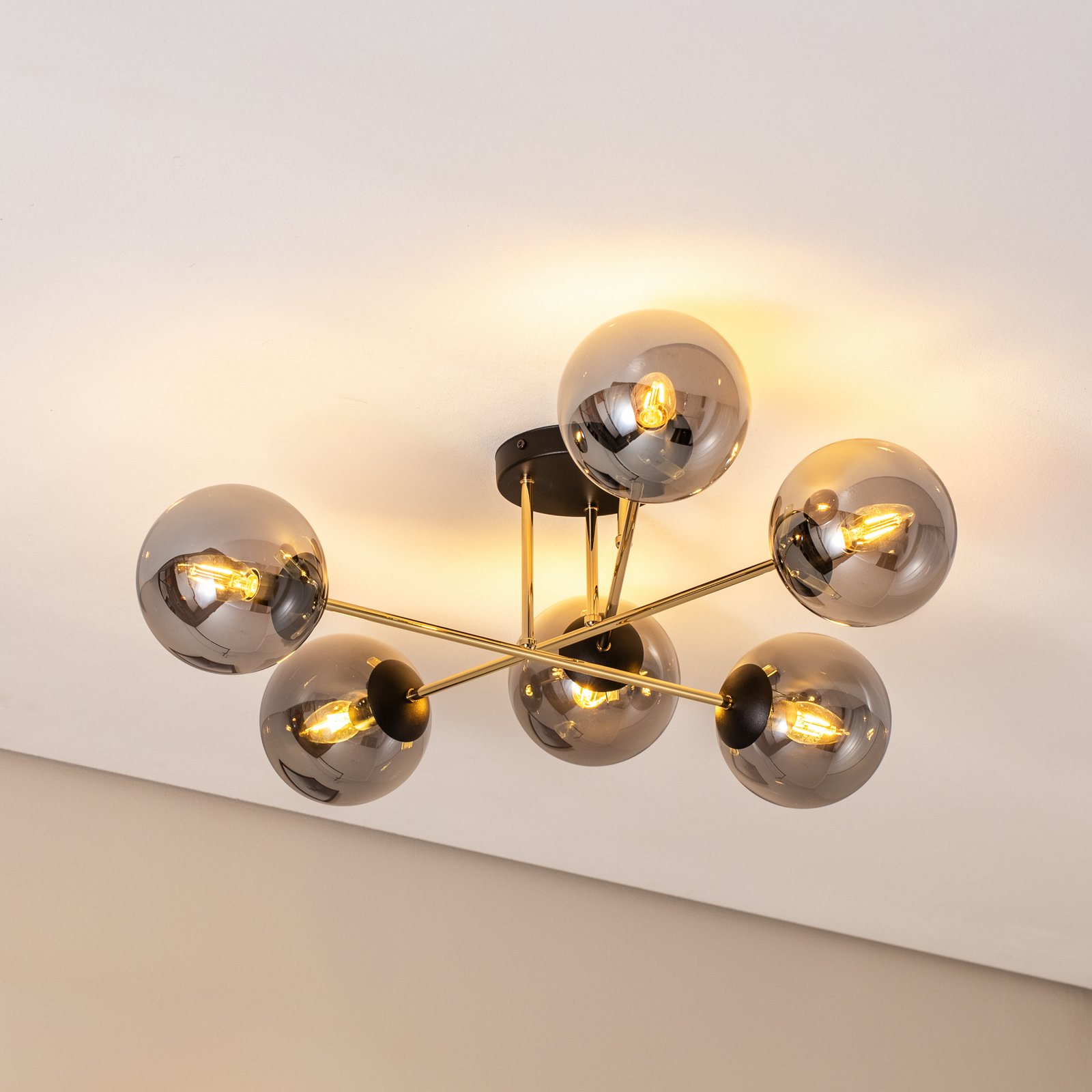 Deckenleuchte Glassy, 6-flg., schwarz/gold/grafit