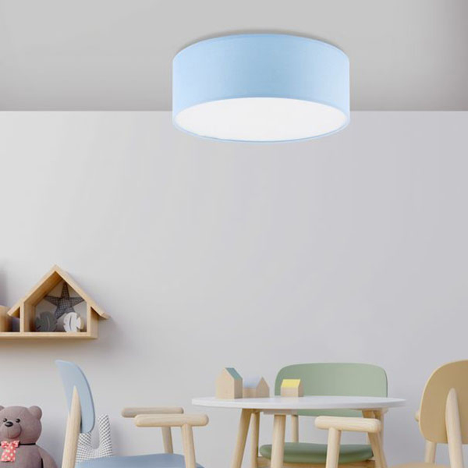 TK LIGHTING Rondo Kids ceiling light, Ø 38 cm, blue, for Children's Room, fabric, metal, E27, 15 W, energy efficiency: A++, H: 13 cm