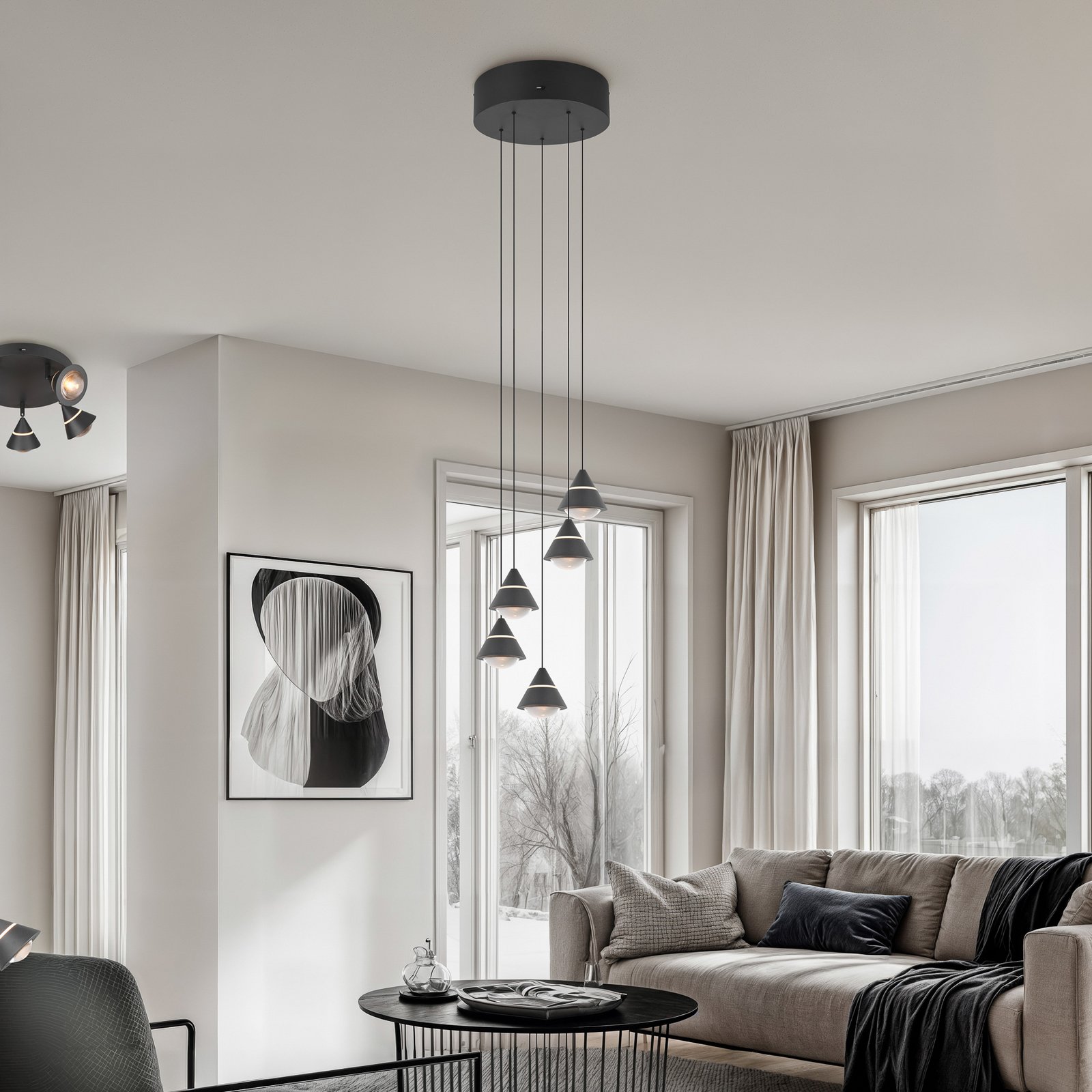 LED-Hängelampe Romeo, Ø 28 cm, schwarz, Metall, 5-flg.