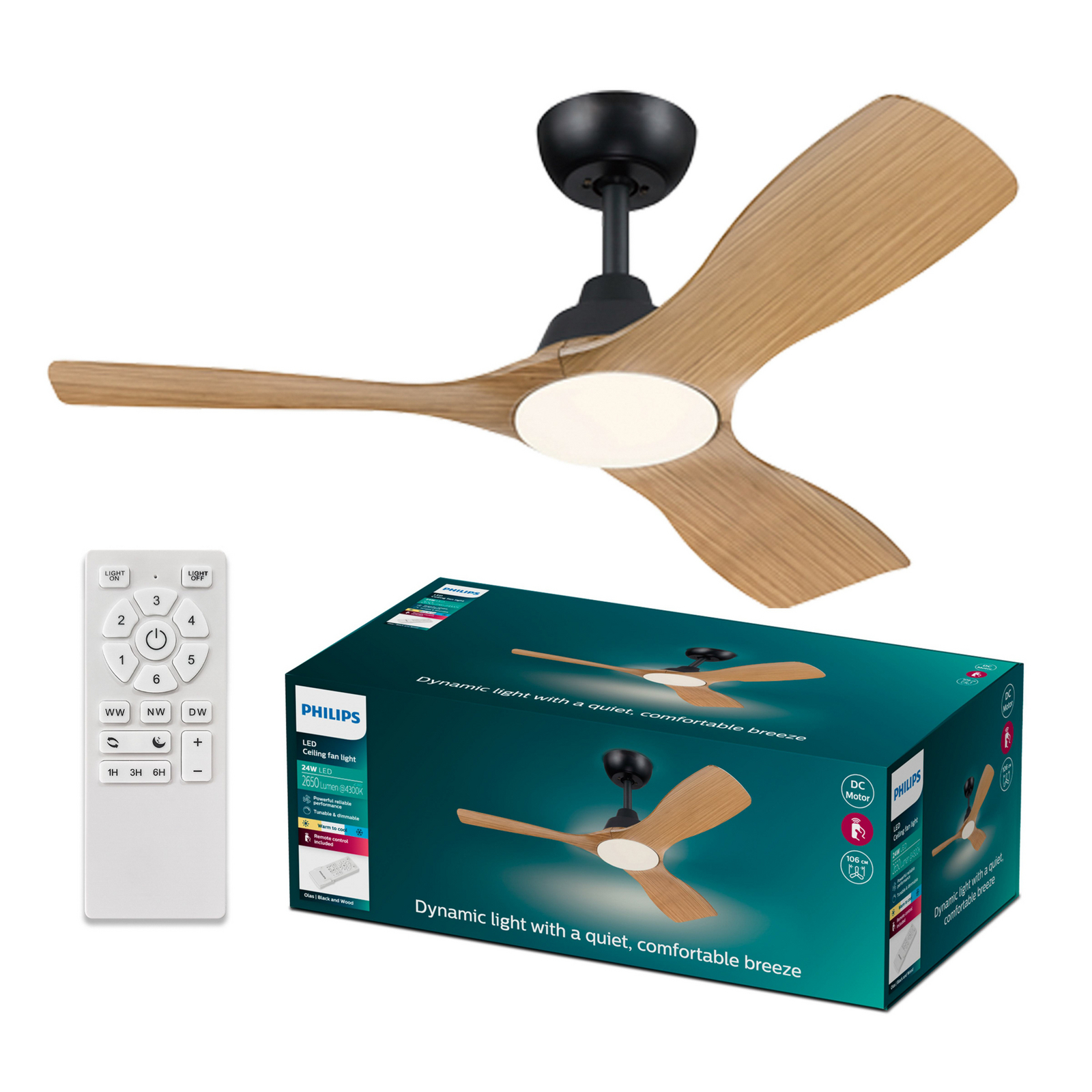 Philips LED-vifte Olas, Ø 106 cm, brun/svart, stillegående