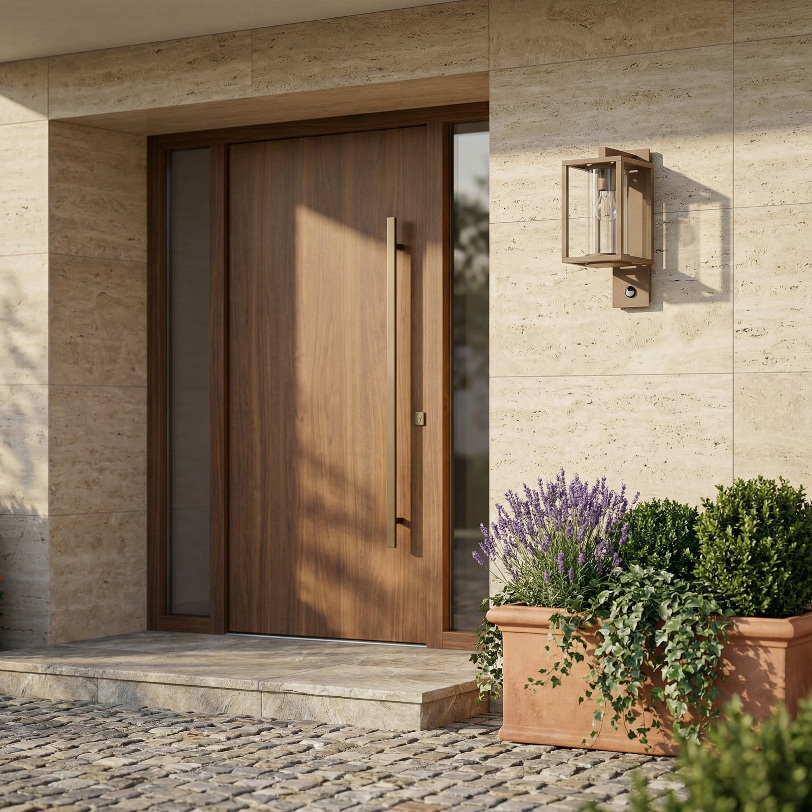 Lucande udendørs væglampe Ferda, sensor, fatning nederst, brun Lucande udendørs væglampe Ferda, sensor, fatning nederst, brun