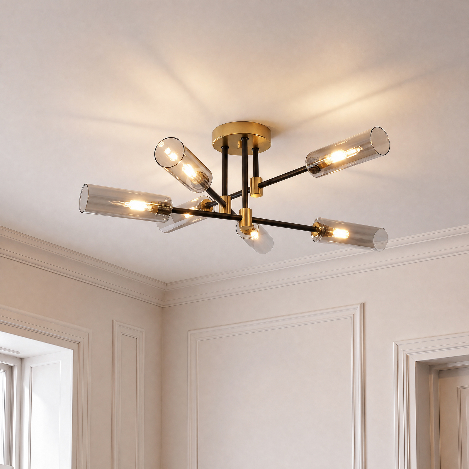 Deckenlampe Tessa, rauchgrau/schwarz/messing, Glas, G9 Deckenlampe Tessa, rauchgrau/schwarz/messing, Glas, G9