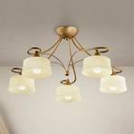 Alessio ceiling light, five scavo glass lampshades