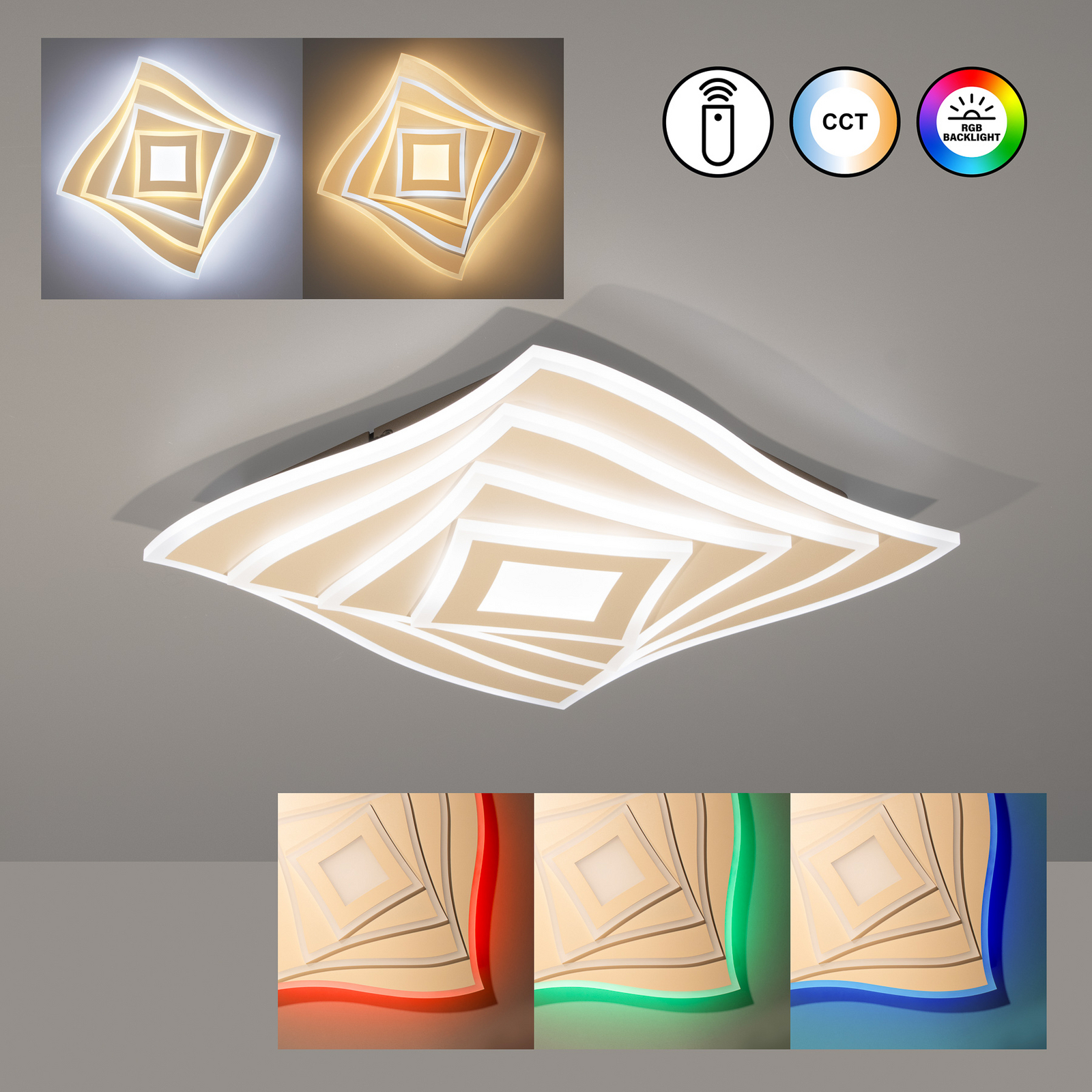Lámpara LED de techo HERO, arena, 40 x 40 cm, control remoto, CCT atenuable Lámpara LED de techo HERO, arena, 40 x 40 cm, control remoto, CCT atenuable