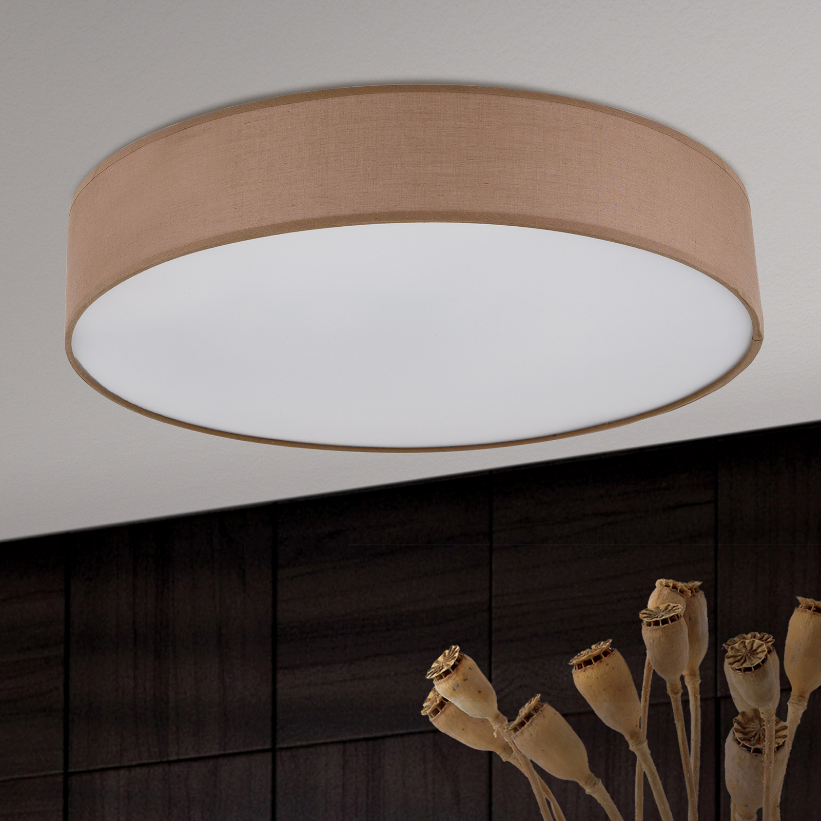 Ufo ceiling light with a linen lampshade, brown