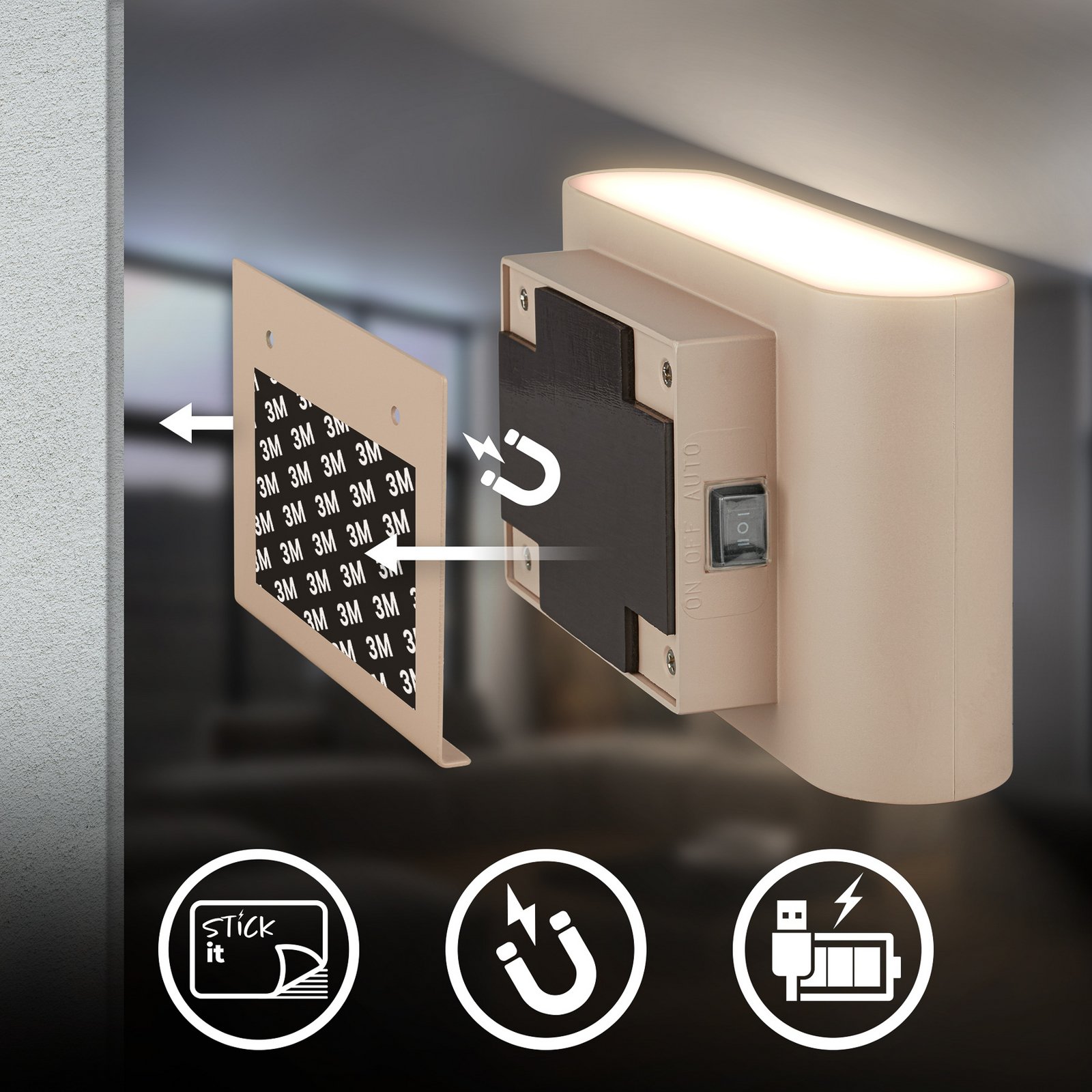 LED wandlamp Chat, beige, 16 cm, kunststof, sensor