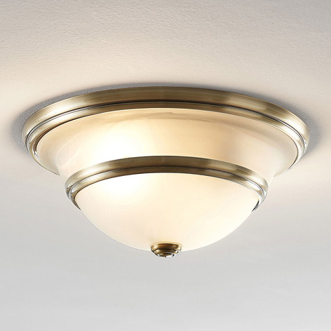 Taklampe Ursula med glass, rund, antikk messing