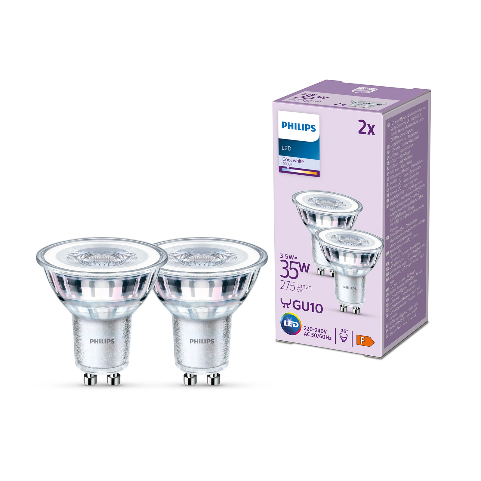 Philips LED GU10 3,5 W 275 lm 840 claire 36° x2