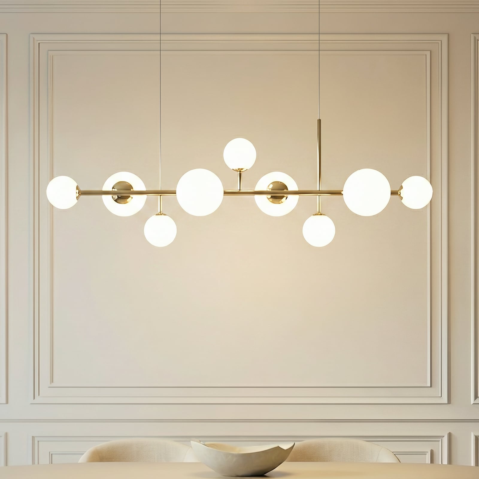 Hängeleuchte Dione, opal/gold, 9-flammig