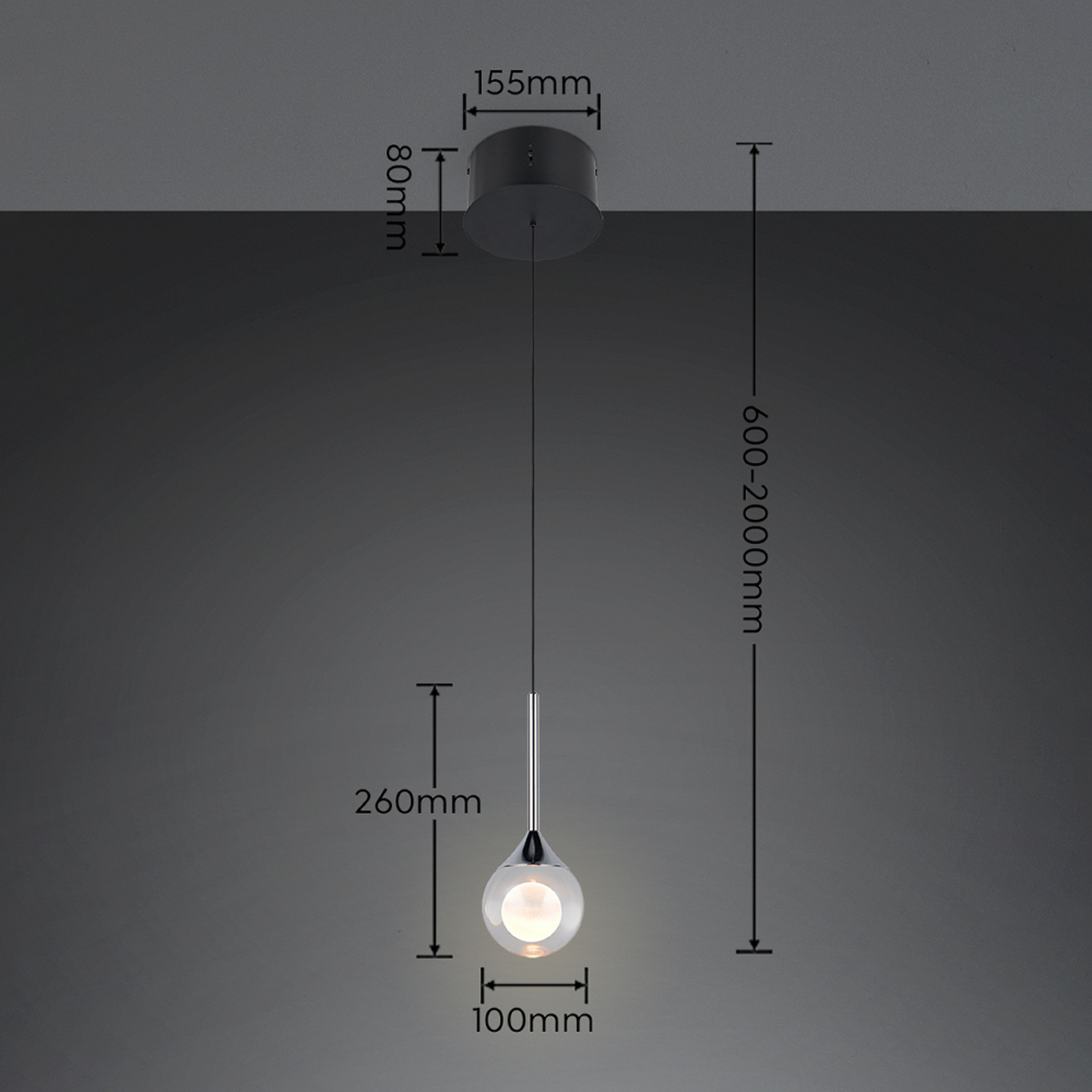LED piekaramā lampa „Calista“, hroma krāsā, Ø 10 cm, metāls/stikls, CCT