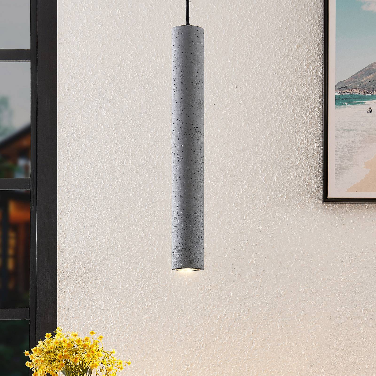 Lindby Concretto hanging lamp, concrete lampshade, for Living / Dining Room, concrete, metal, GU10, 8 W, energy efficiency: A++, H: 50 cm