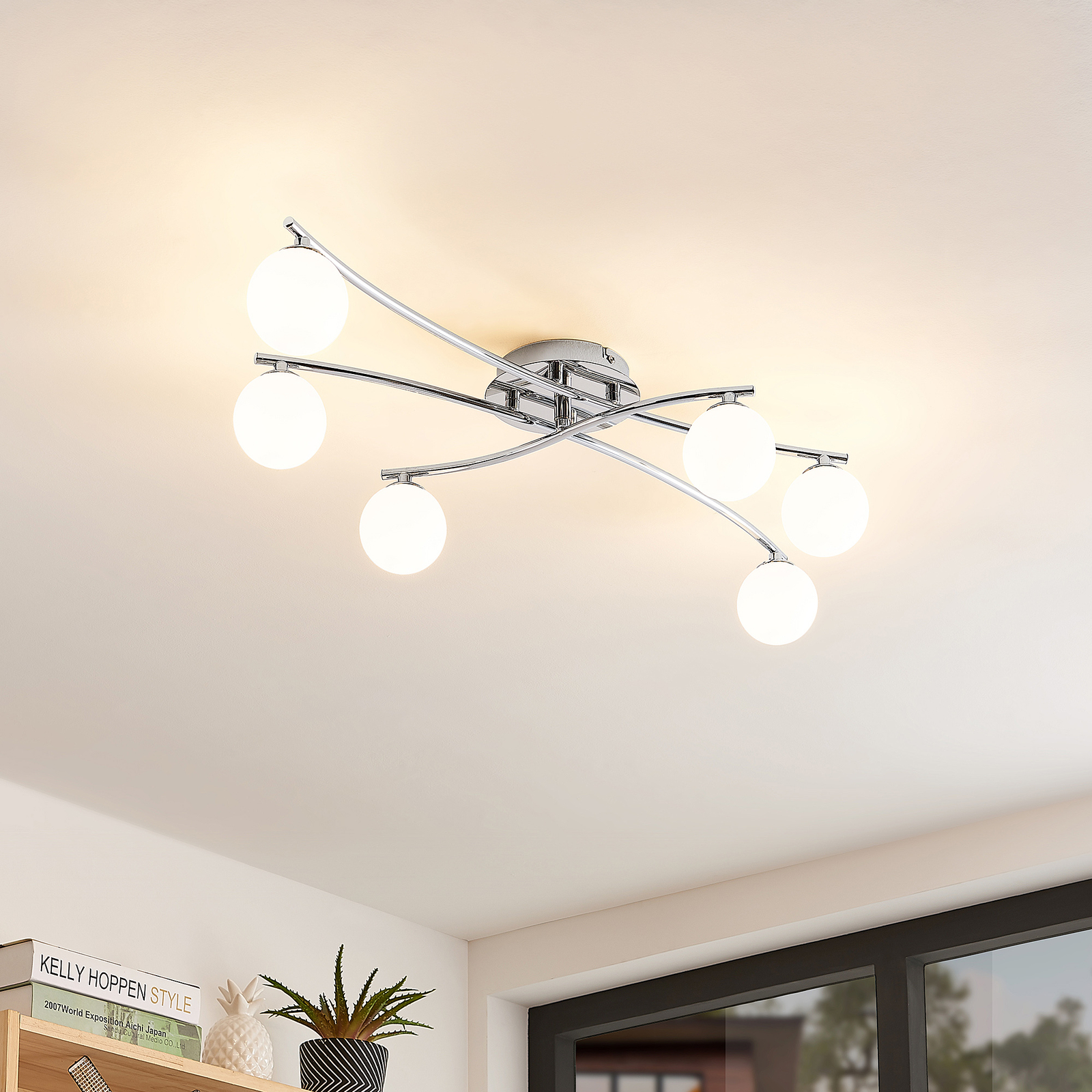 Lindby Chrissy ceiling light, six-bulb, for Living / Dining Room, metal, glass, G9, 33 W, energy efficiency: A++, L: 80 cm, W: 41 cm, H: 15.5 cm