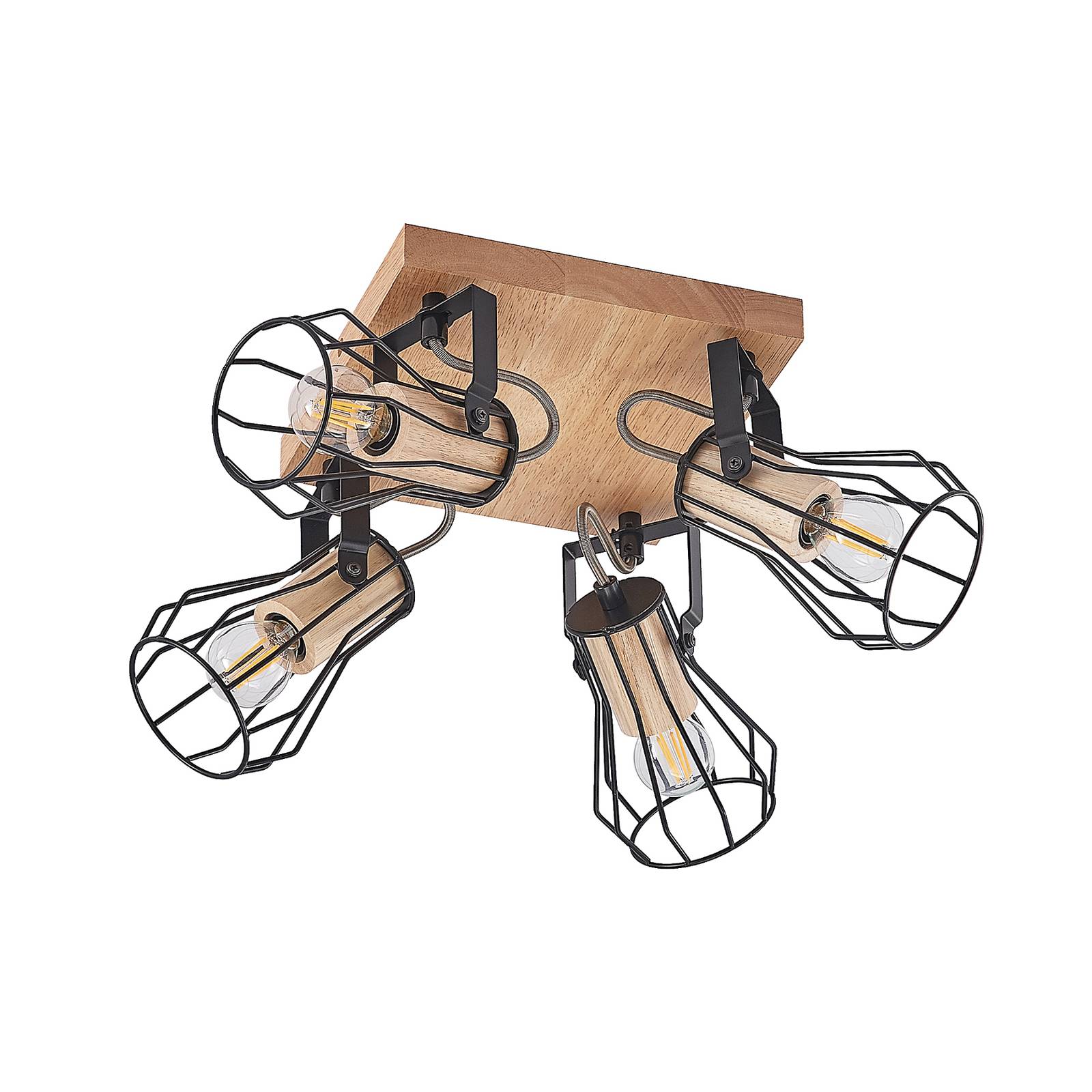 Lindby Courtney ceiling spotlight, 4-bulb, square, for Living / Dining Room, steel, rubber tree wood, E14, 10 W, L: 39.5 cm, W: 27.5 cm, H: 16.5 cm