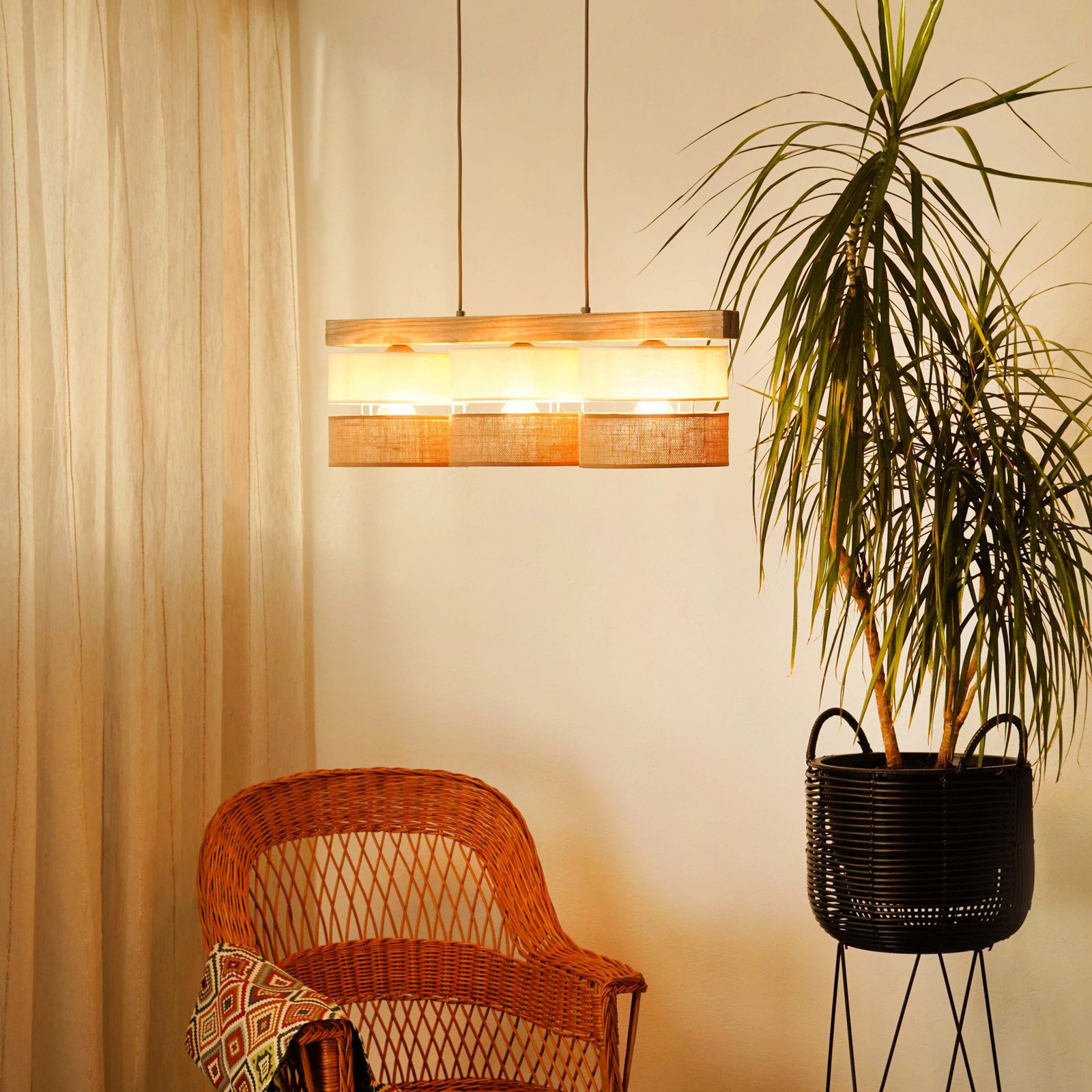 Hängeleuchte Treeon, 3-flammig, Holz, Jute, naturfarben/ecru