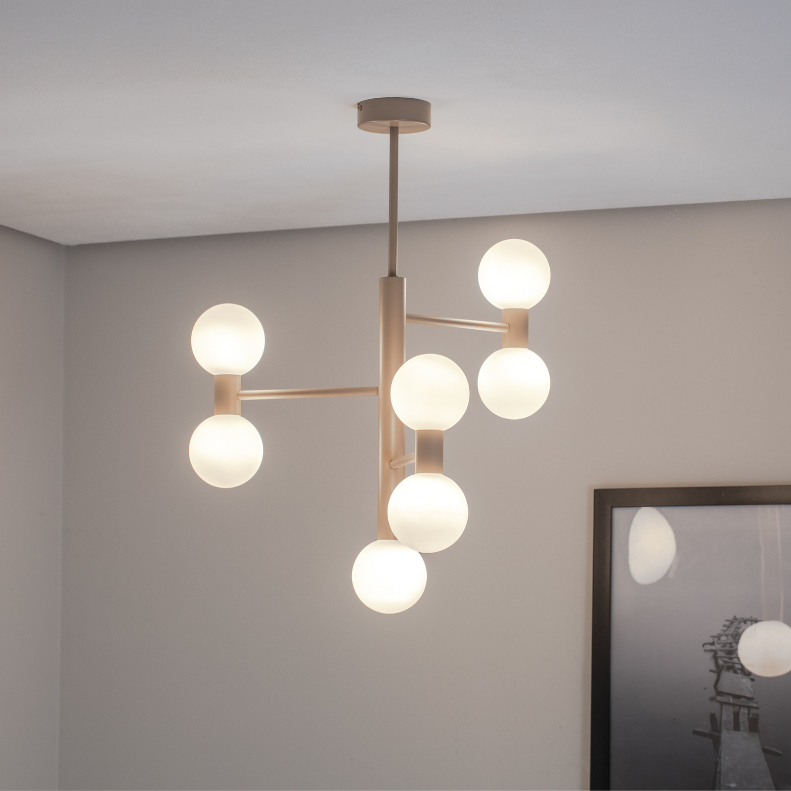 Flare 7 taklampa, beige, 7 lampor, glas, metall