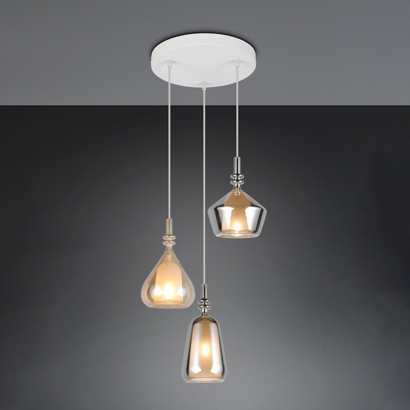 Pakabinama lempa „Aldea“, Ø 28 cm, balta/gintaro spalvos/chromo, stiklas, 3 Pakabinama lempa „Aldea“, Ø 28 cm, balta/gintaro spalvos/chromo, stiklas, 3