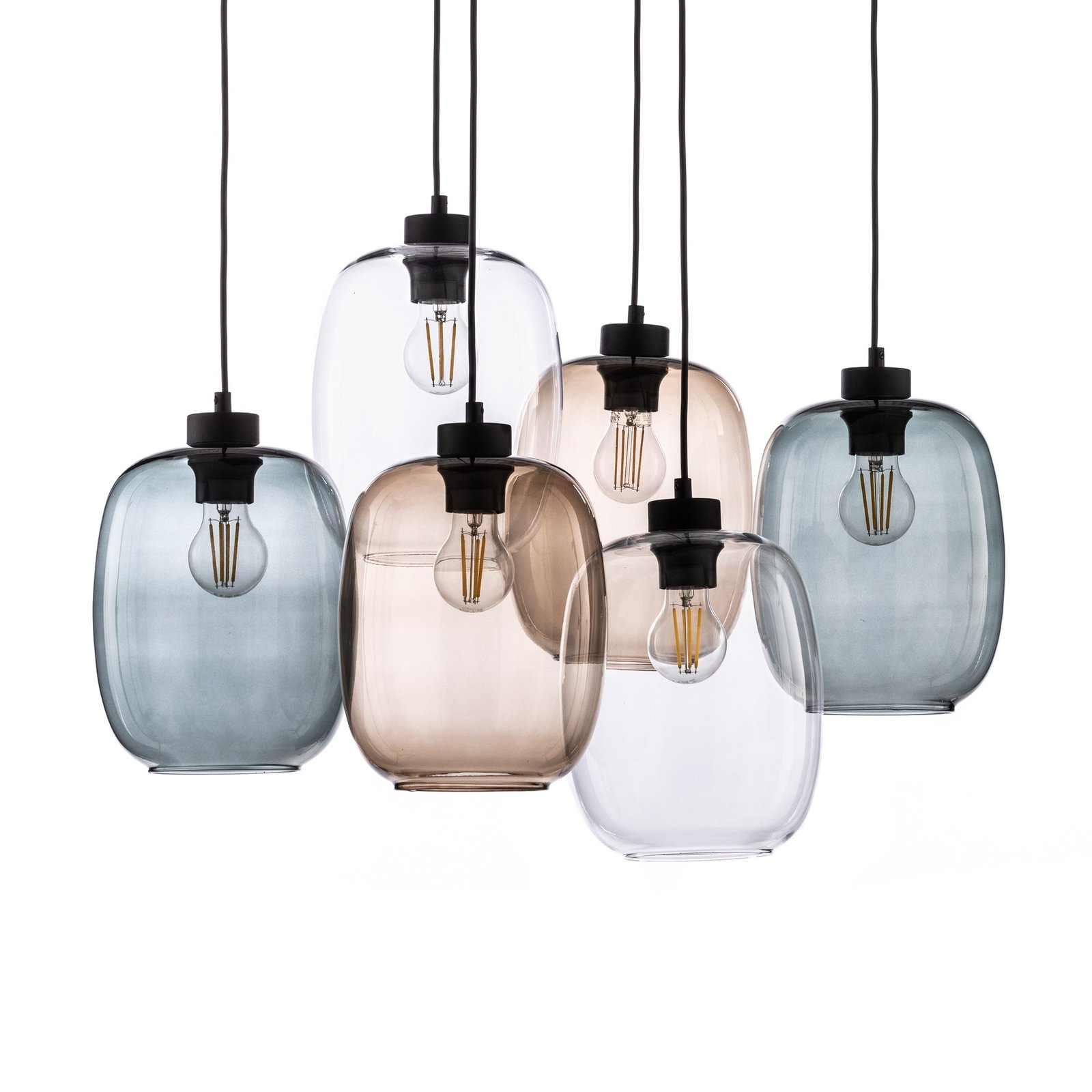 Elio pendant light, glass, brown/clear/grey, 6-bulb rectangular