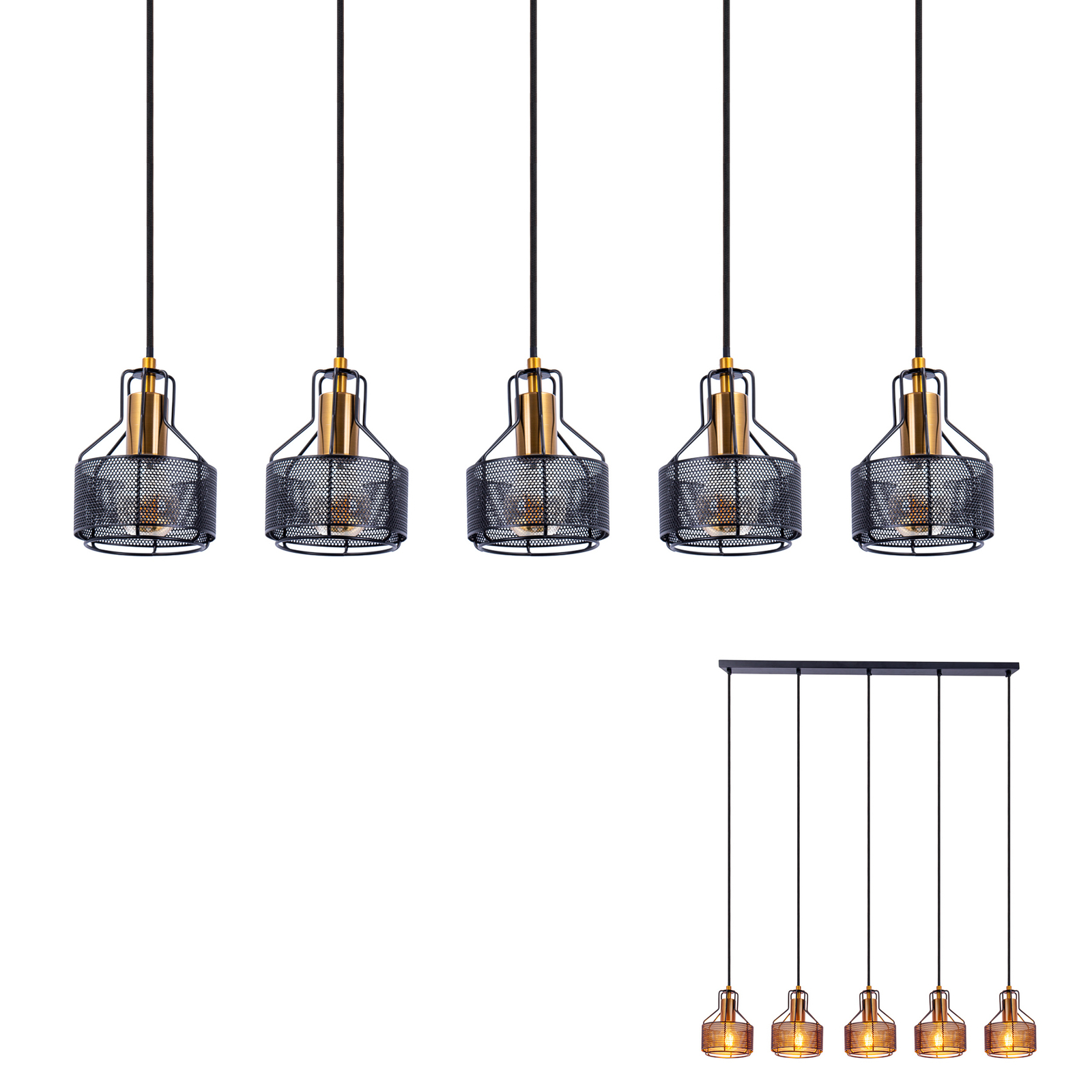 Hanglamp Foro, 5-lamps, zwart/goud