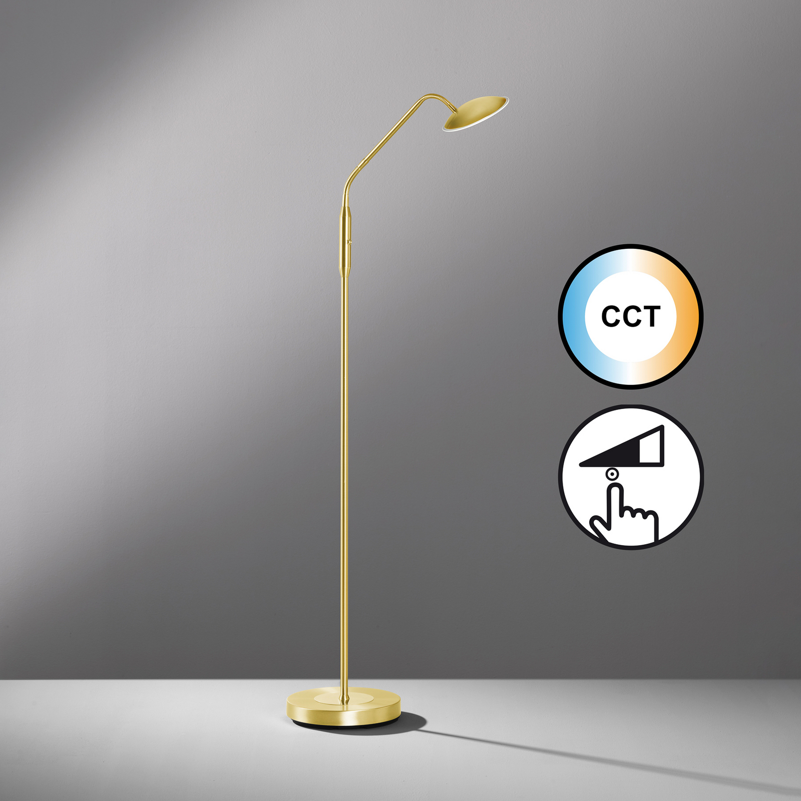 Candeeiro de pé LED Tallri, latão, altura 135 cm, CCT, regulador tátil