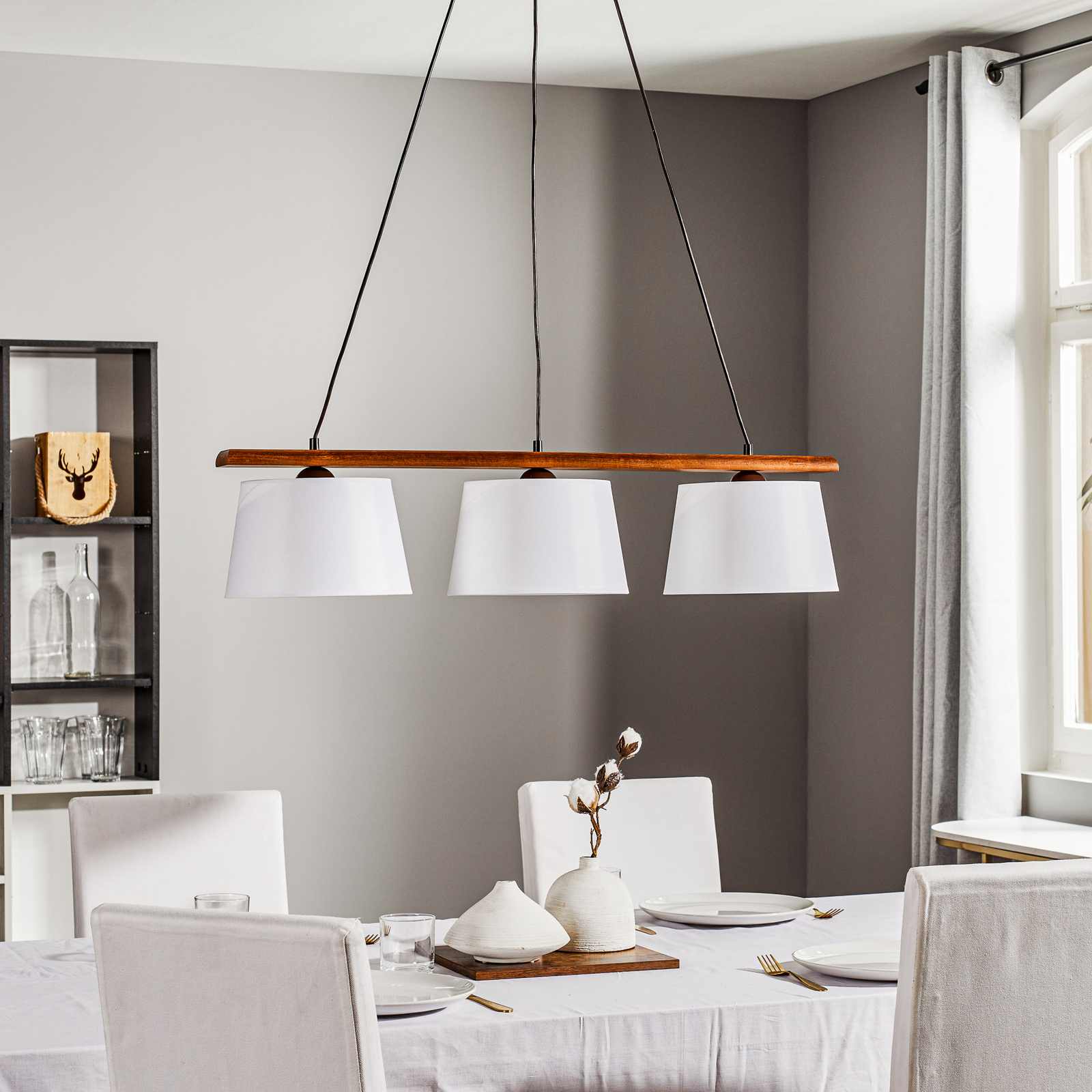 Sweden hanging light, three-bulb, walnut oak