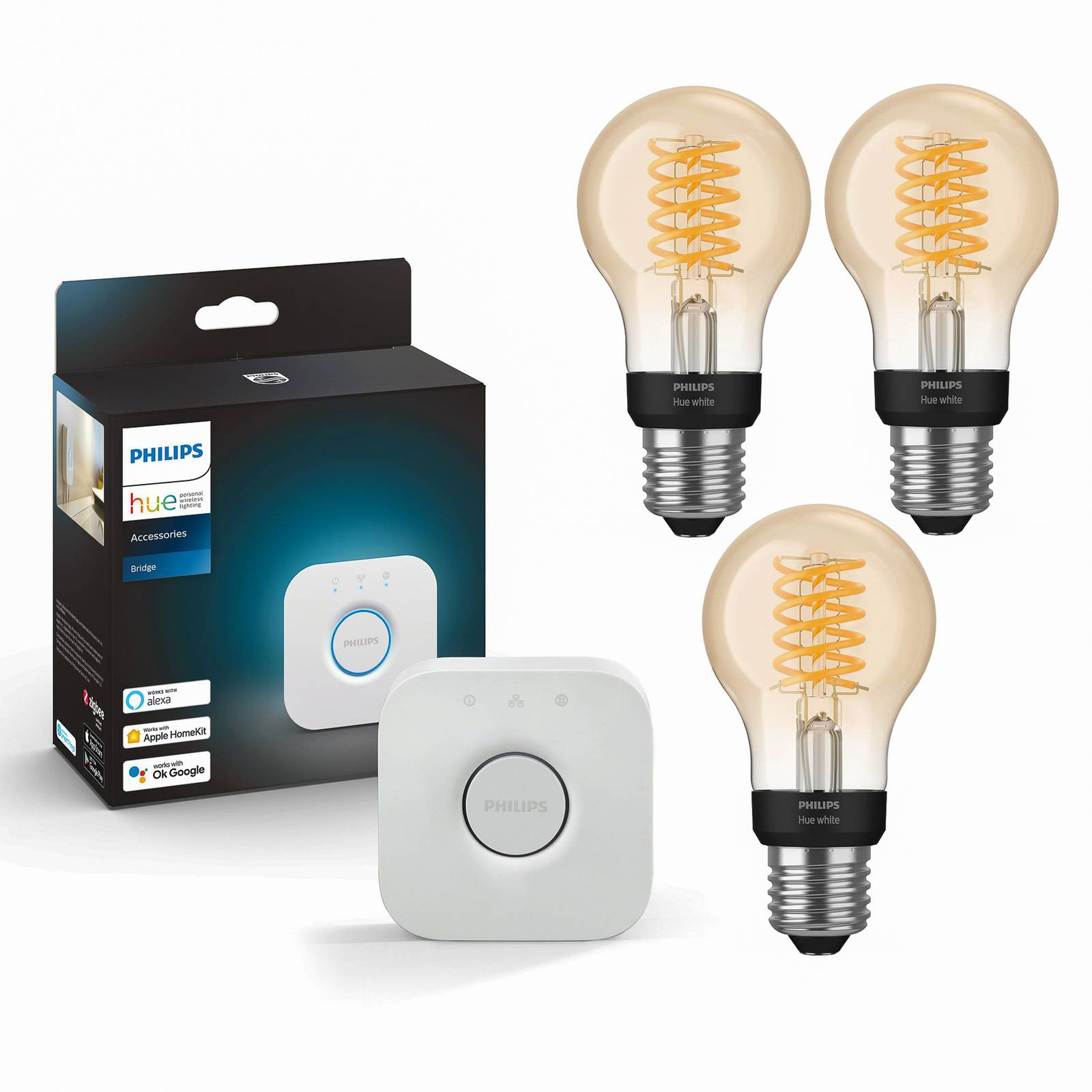 Image of 3x Philips Hue White 7 W E27 filament + Bridge 