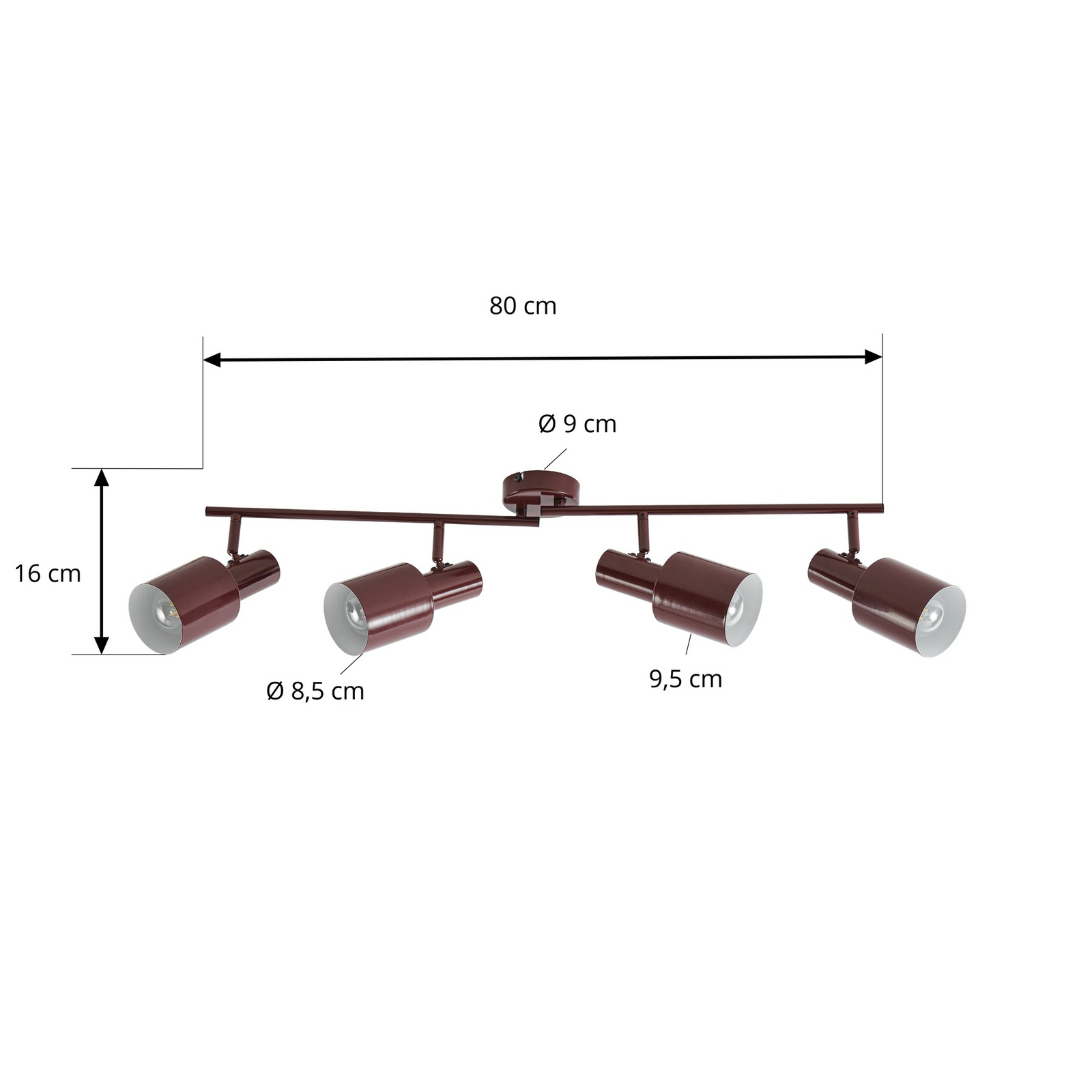 Spot pour plafond Lindby Ovelia, rouge foncé, 80 cm, à 4 lampes, E27