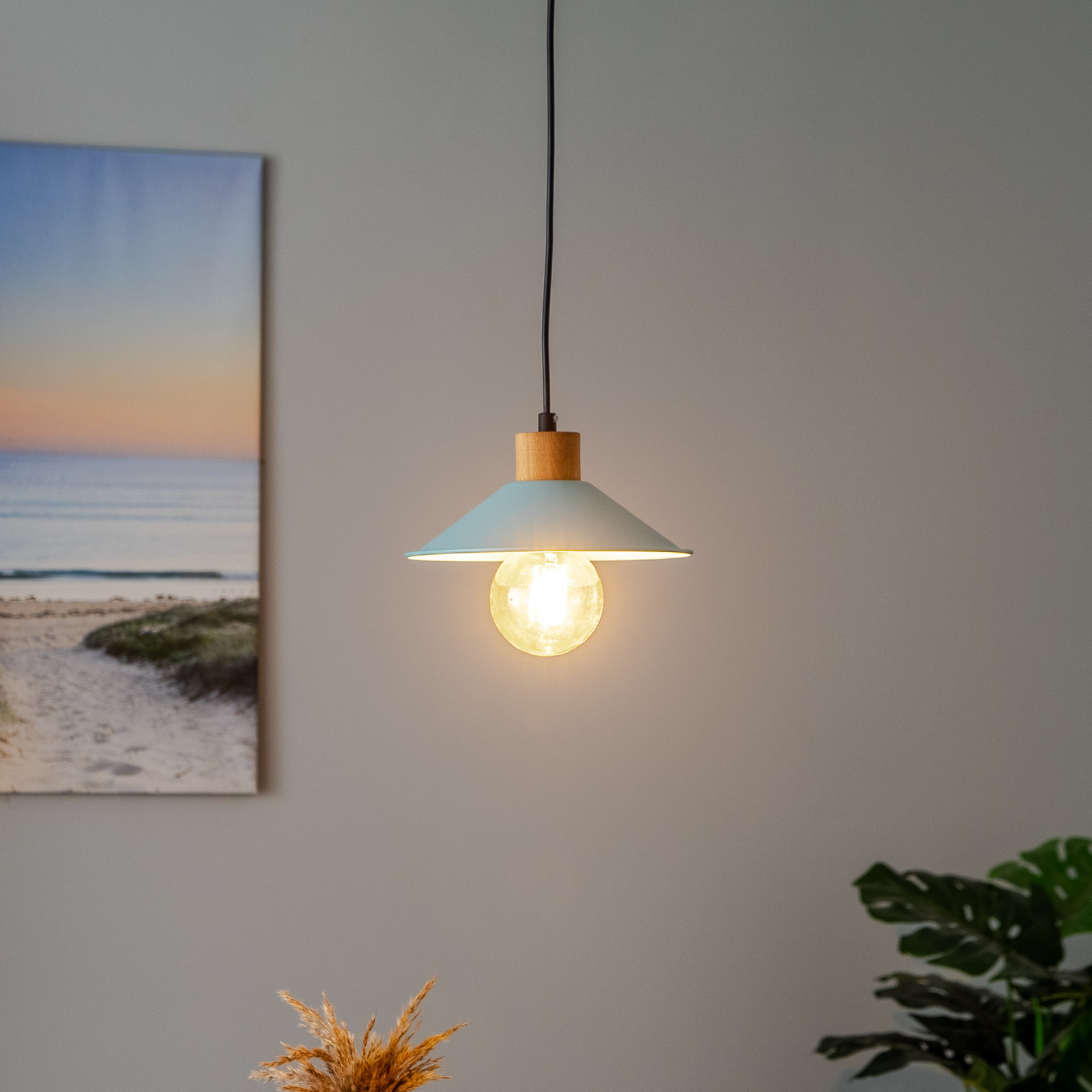 Opviq Lampă suspendată GMN-00005 1 bec detaliu lemn albastru - Camera de zi / sufragerie - Modern - albastru lemn deschis negru - Metal