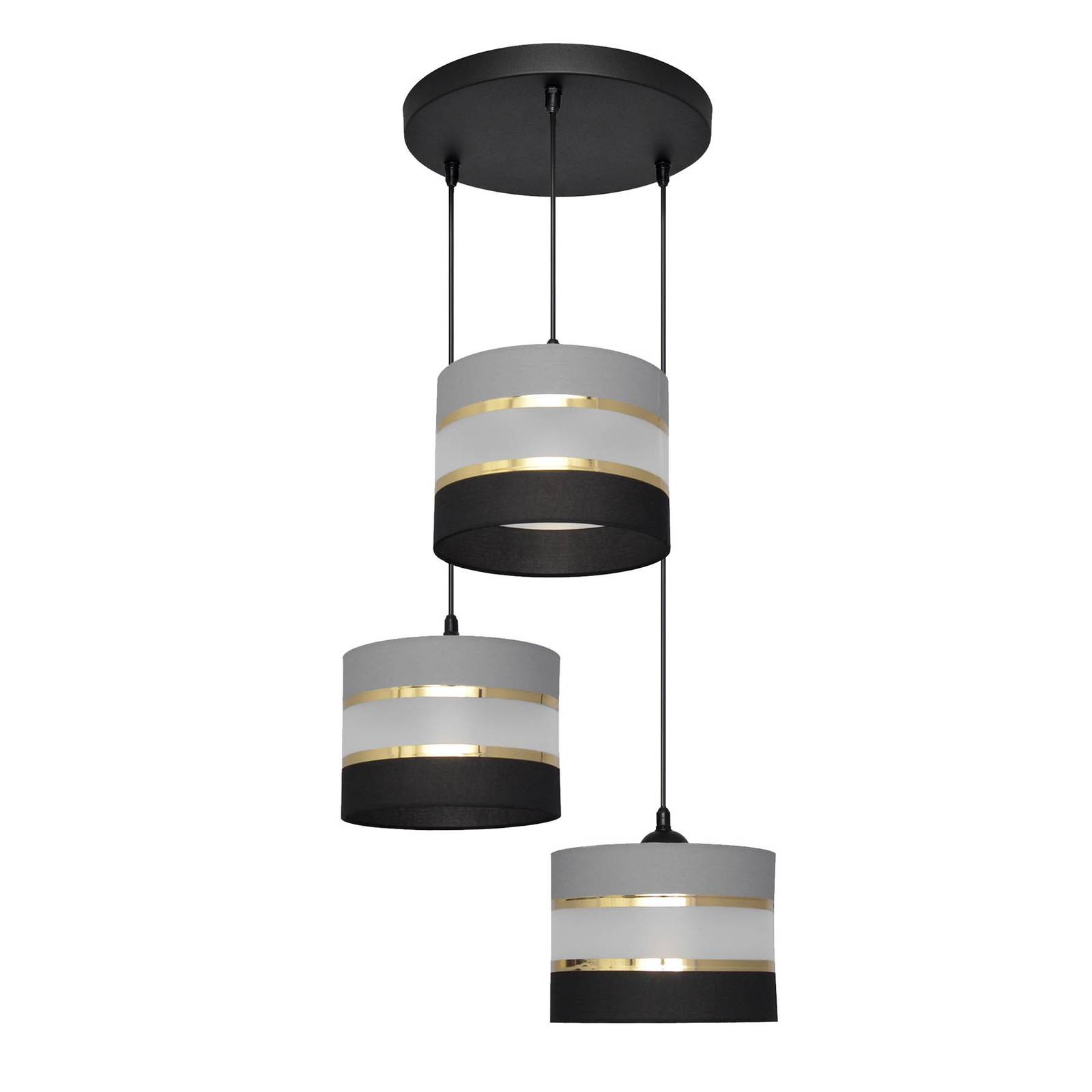 Suspension Helen ronde gris noir doré 3 lampes