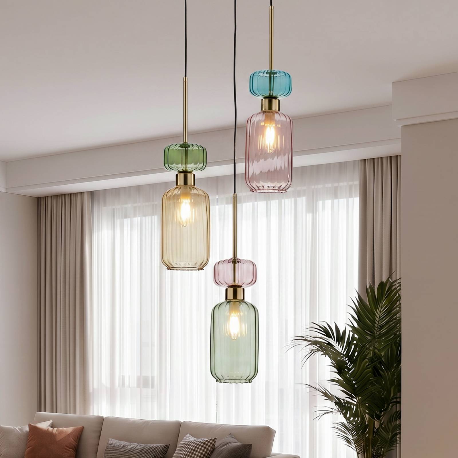 Hängeleuchte Molly, mehrfarbig/gold, 3-flg., Glas, Ø 38 cm