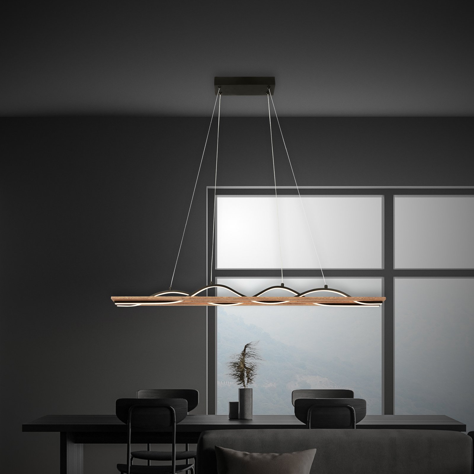 LED pendant light Vinka, 2-bulb, length 98 cm, wood-coloured