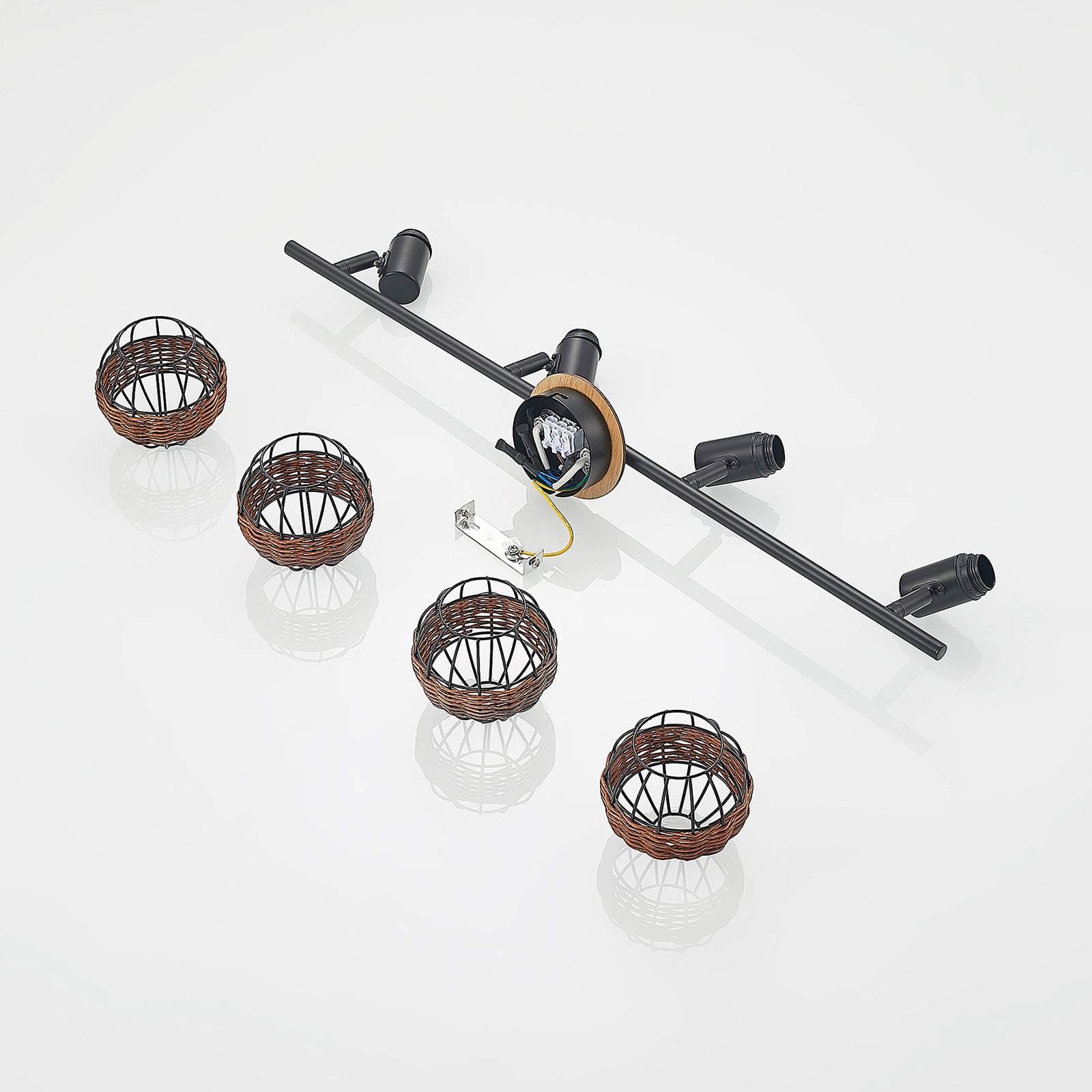 Lindby Nermina rattan spotlight, cage, fourbulb Lights.co.uk