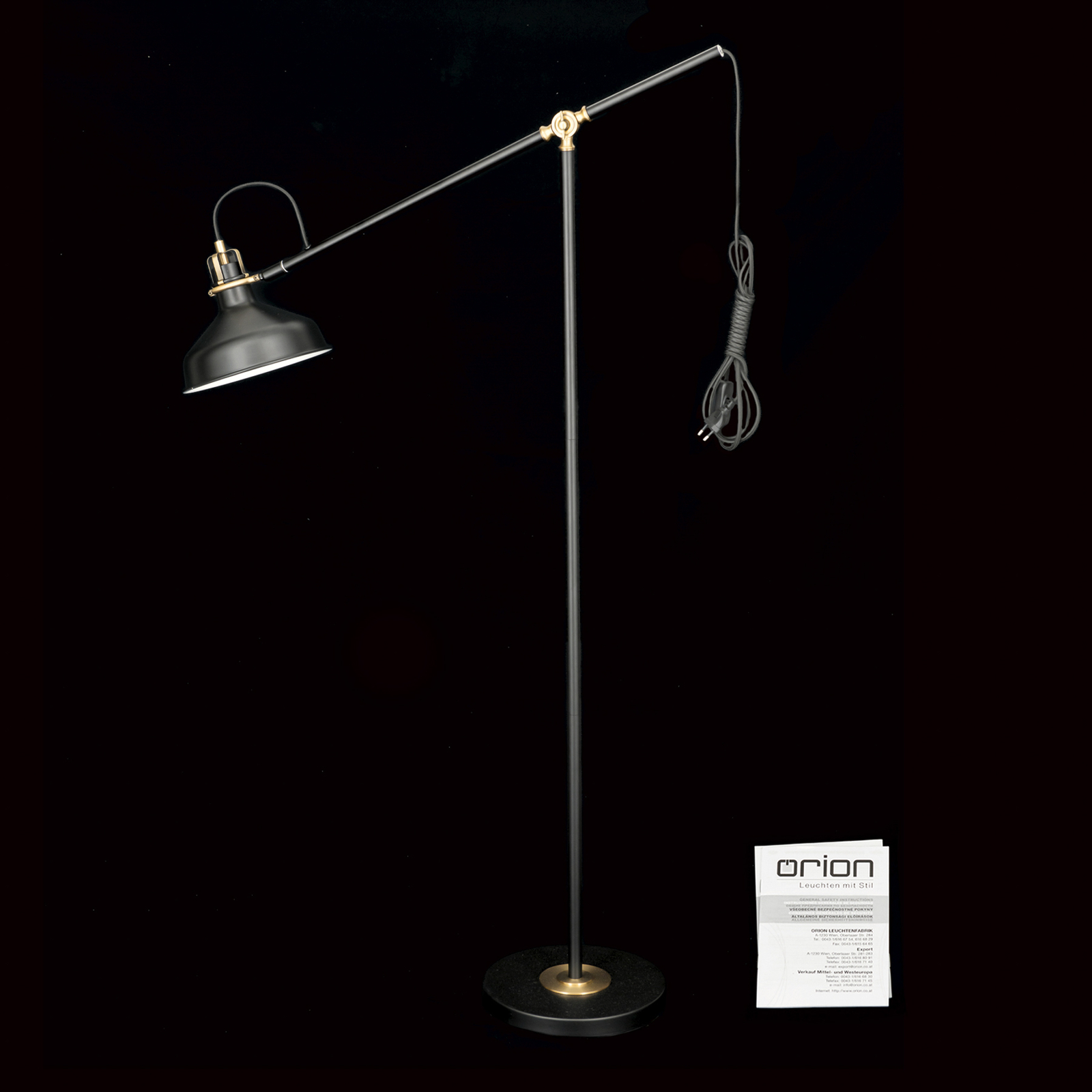 Stojací lampa Schiller, černá, kov, 153 cm, nastavitelná