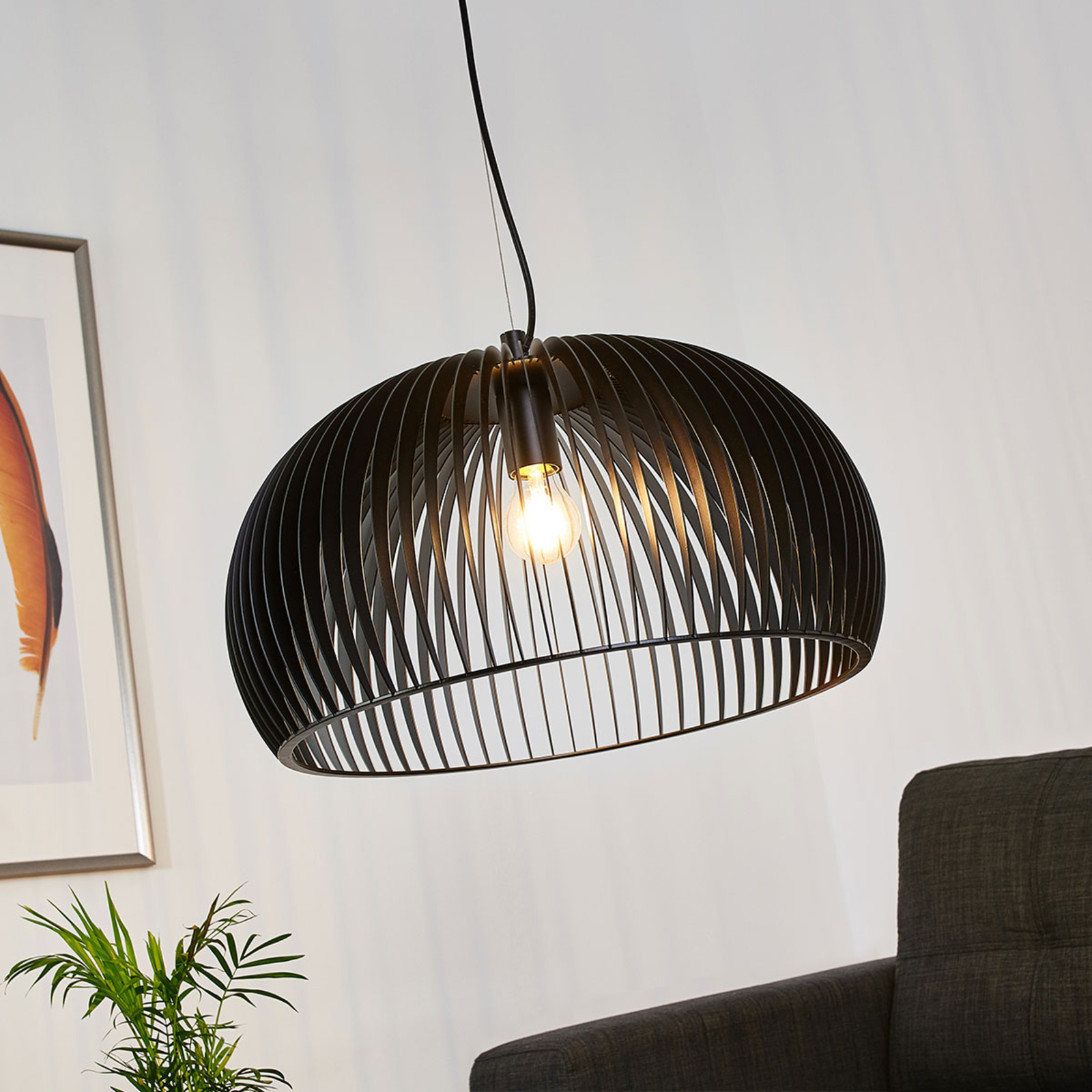 Freelight Gasperi hanging light, slatted lampshade, black, for Living / Dining Room, metal, E27, 40 W, energy efficiency: A++