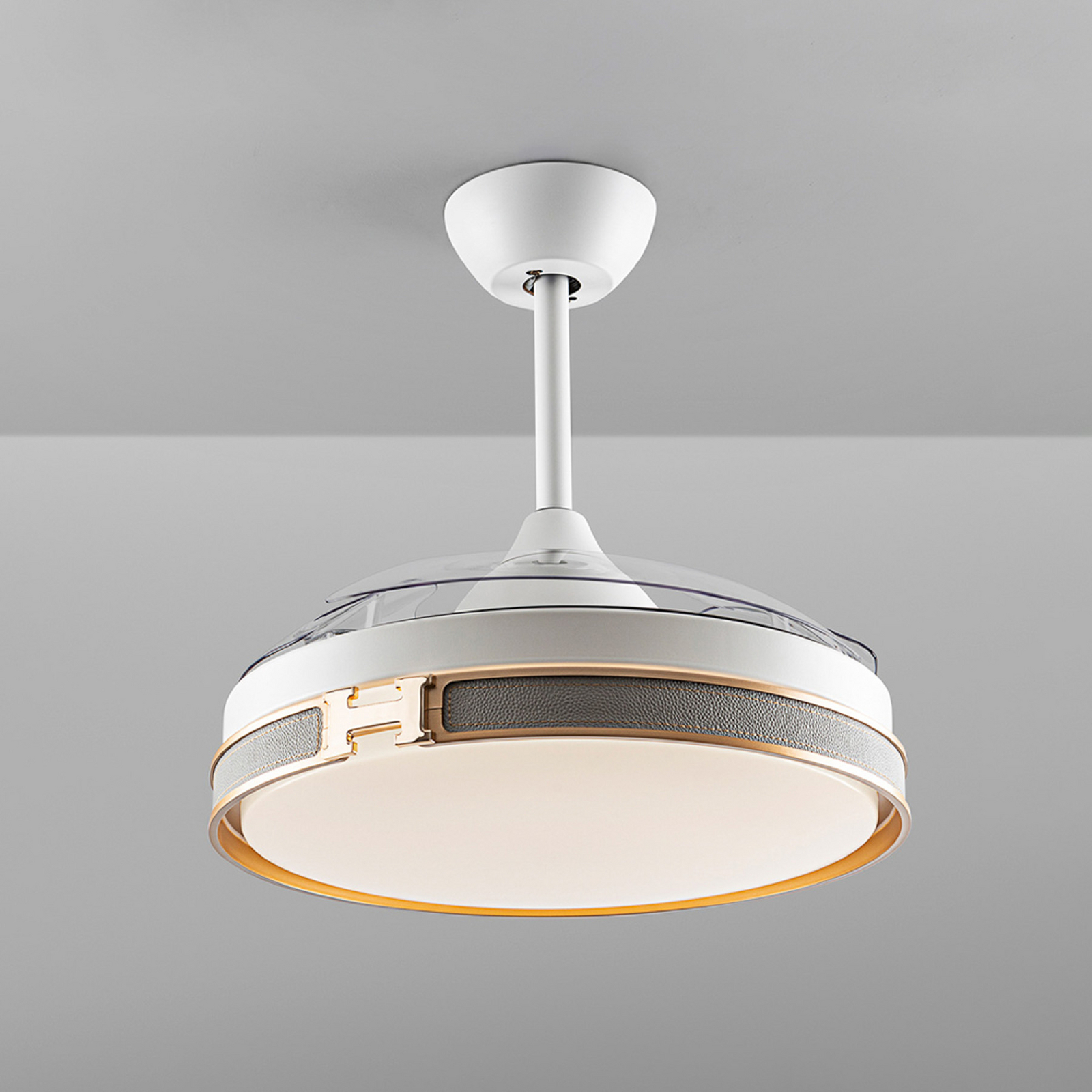 LED stropni ventilator Herón bel/zlato/siv/prozoren Ø106 cm tih