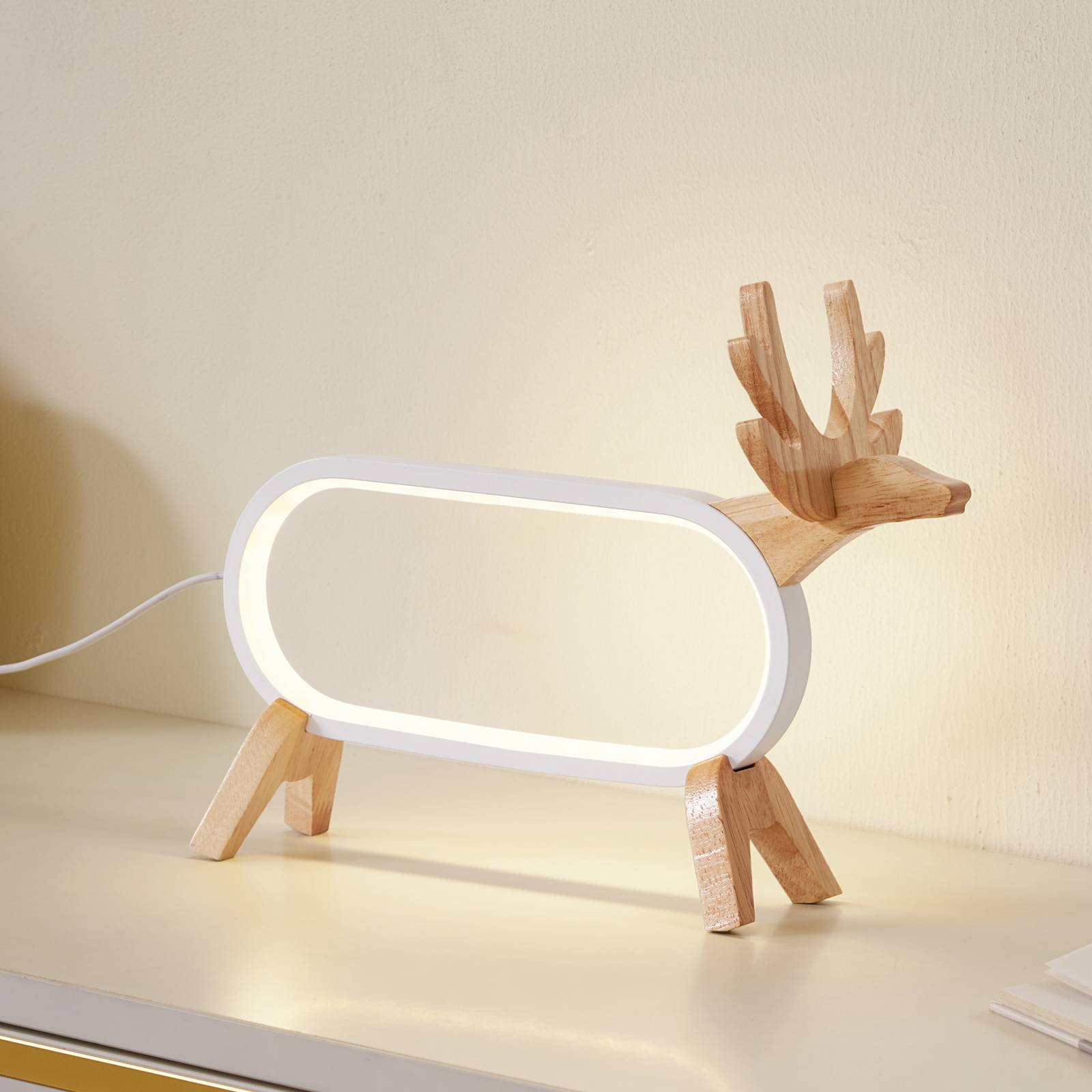 Lindby LED-Tischleuchte Hirvi, weiß, Holz, Länge 31 cm günstig online kaufen